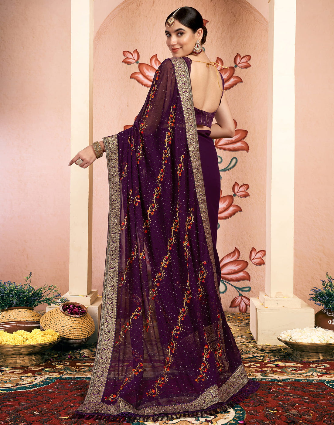 Wine Georgette Embroidery Embellished Saree