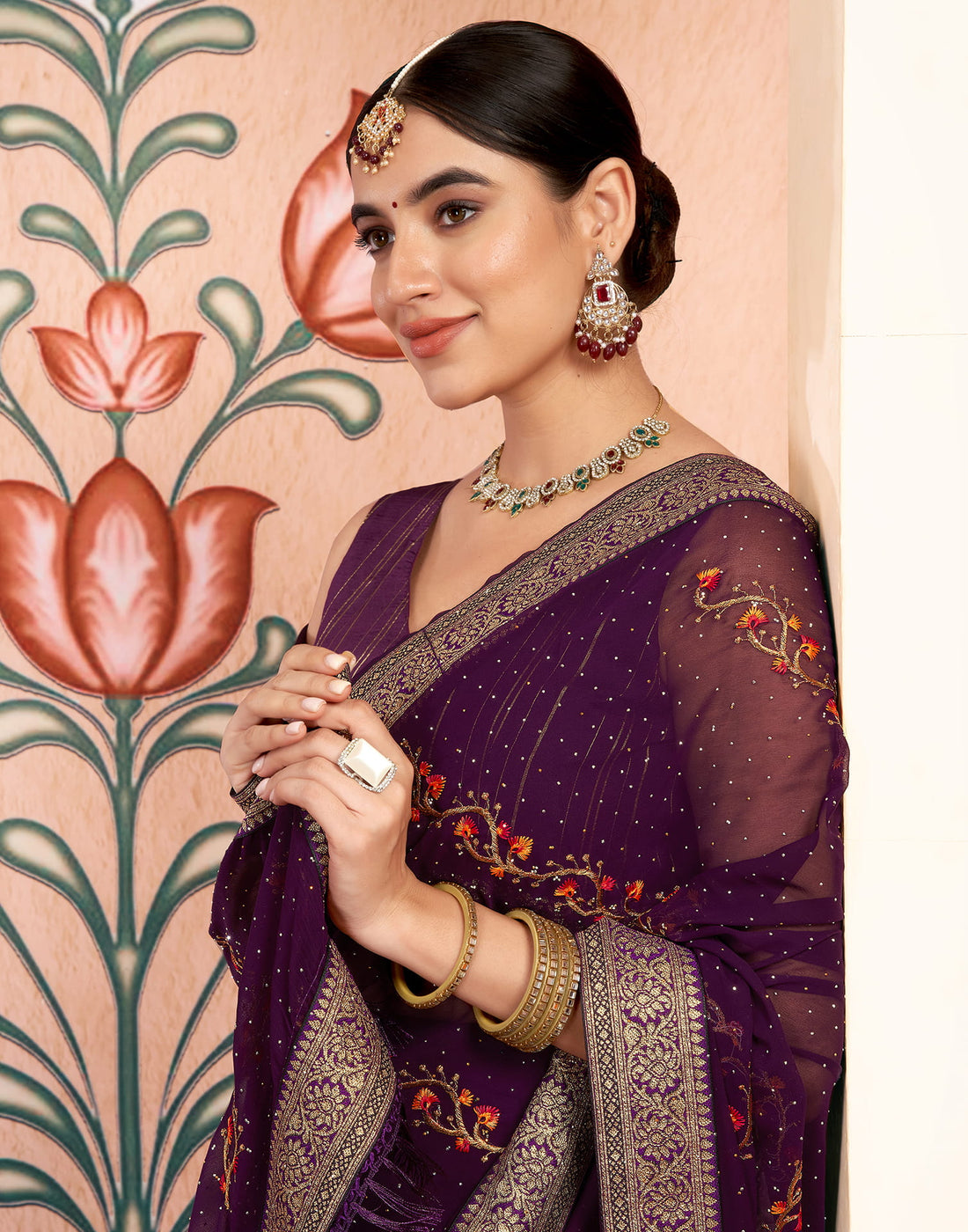 Dark Purple Georgette Embroidery Embellished Saree