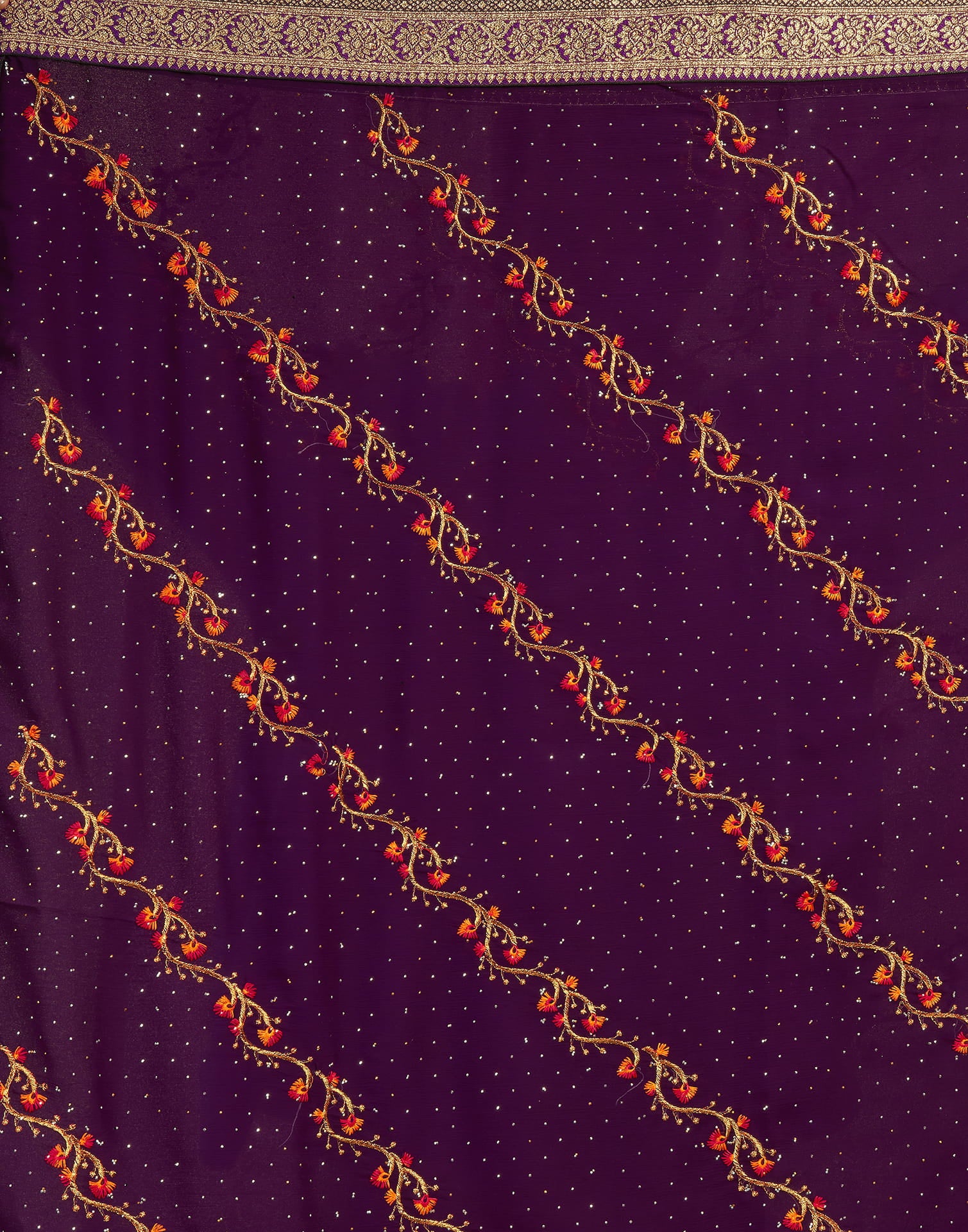 Dark Purple Georgette Embroidery Swarovski Saree