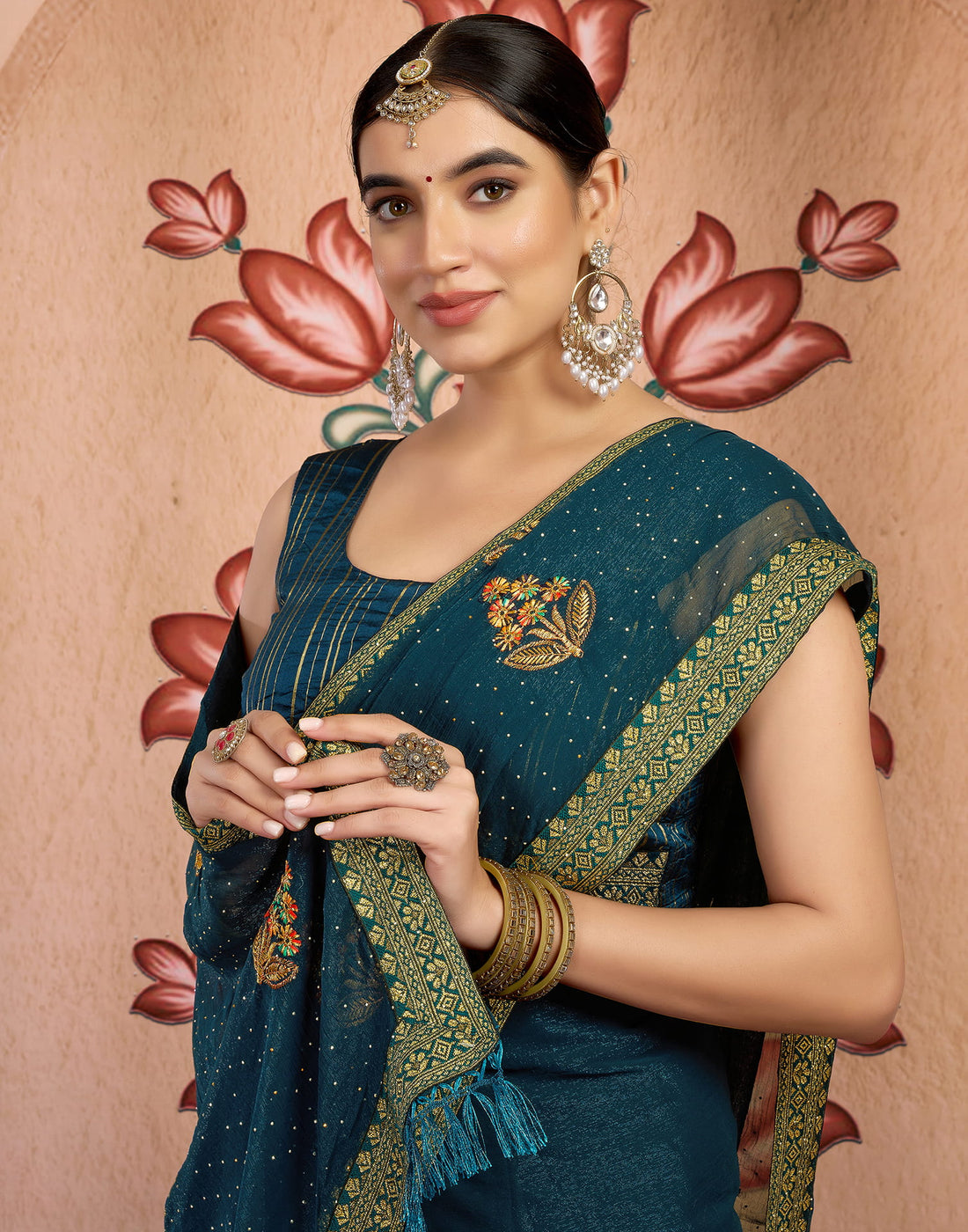 Turquoise Georgette Embroidery Embellished Saree
