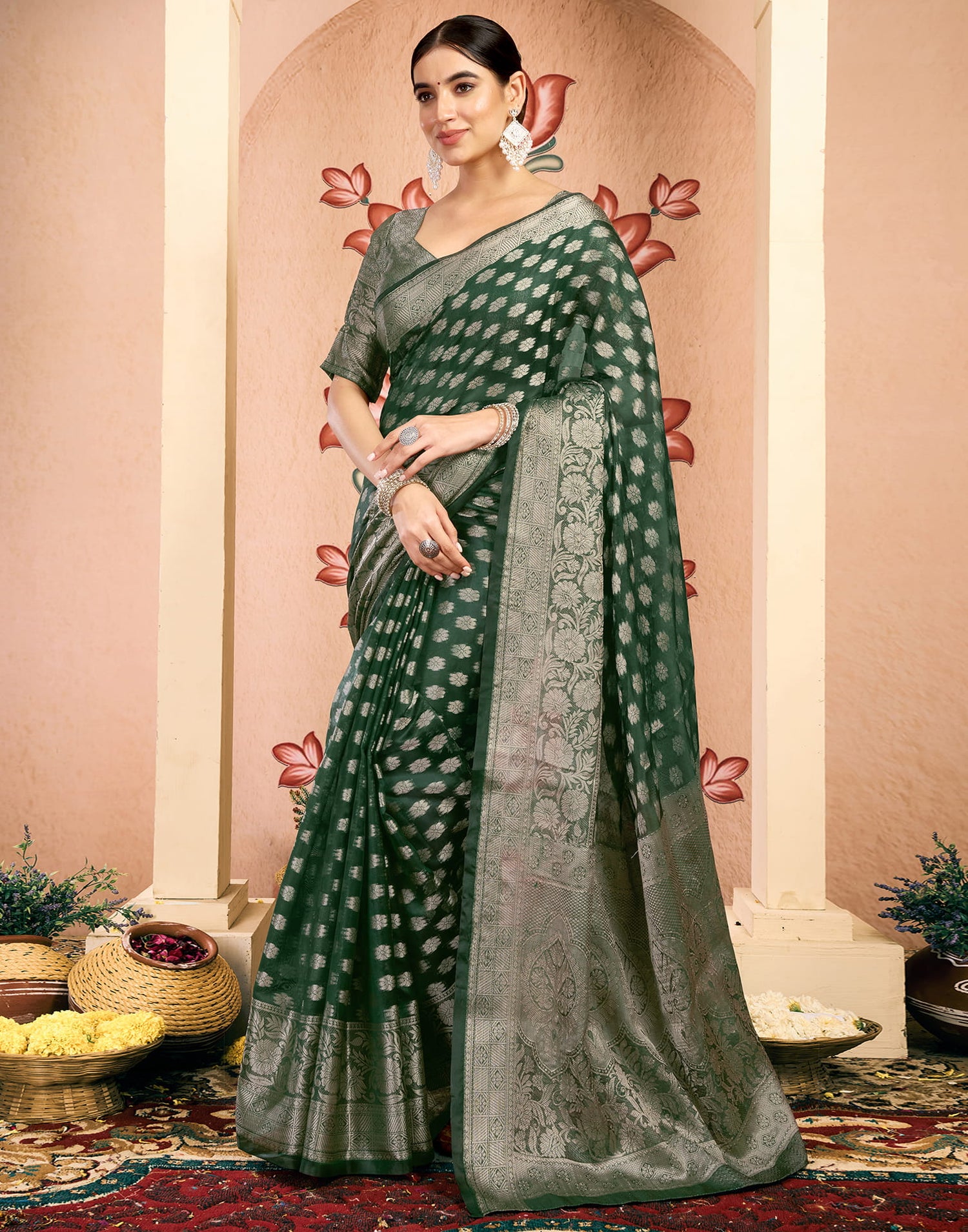 Green Silk Blend Woven Banarasi Saree