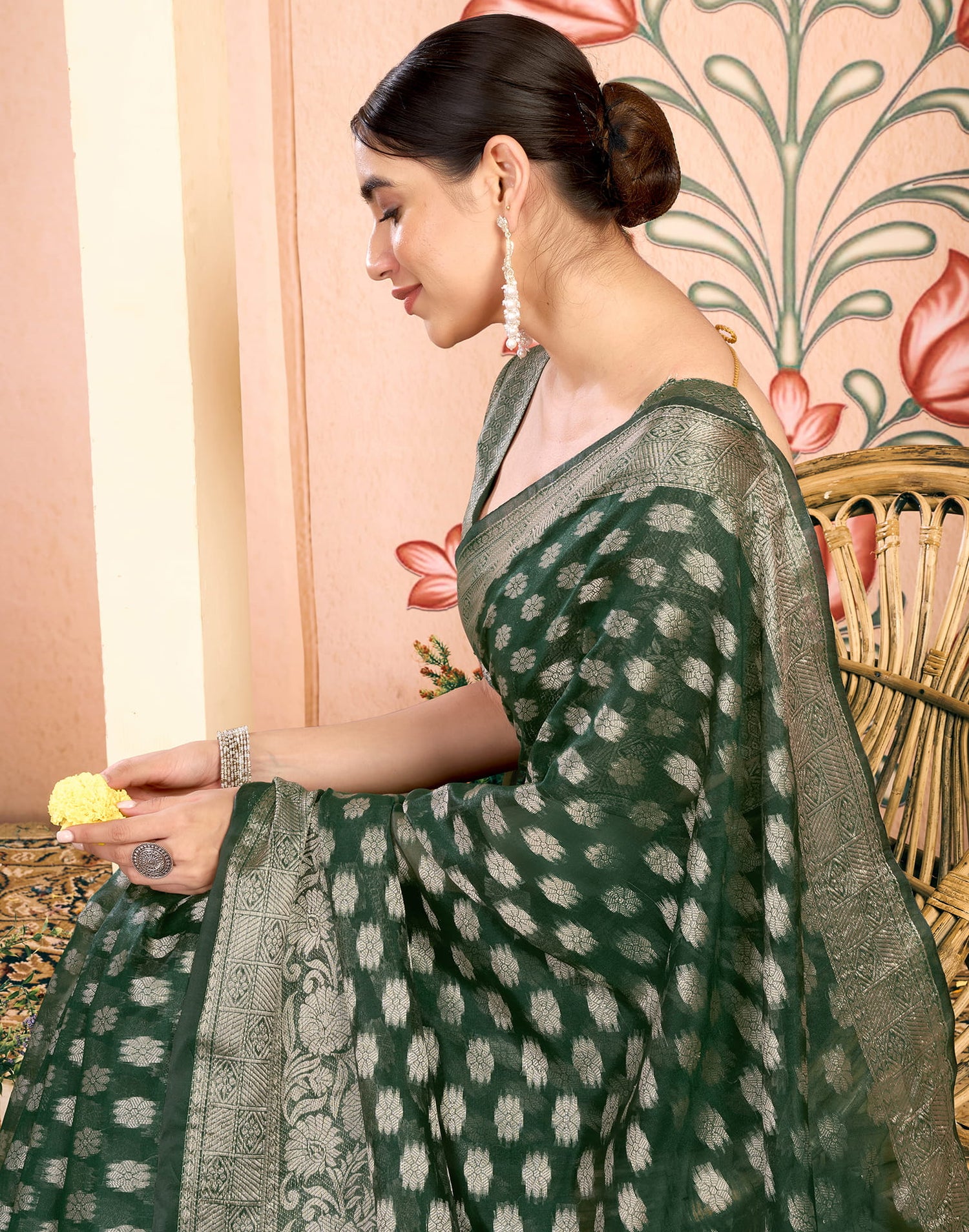 Green Silk Blend Woven Banarasi Saree