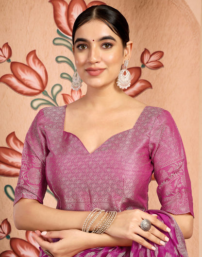 Pink Silk Blend Woven Banarasi Saree