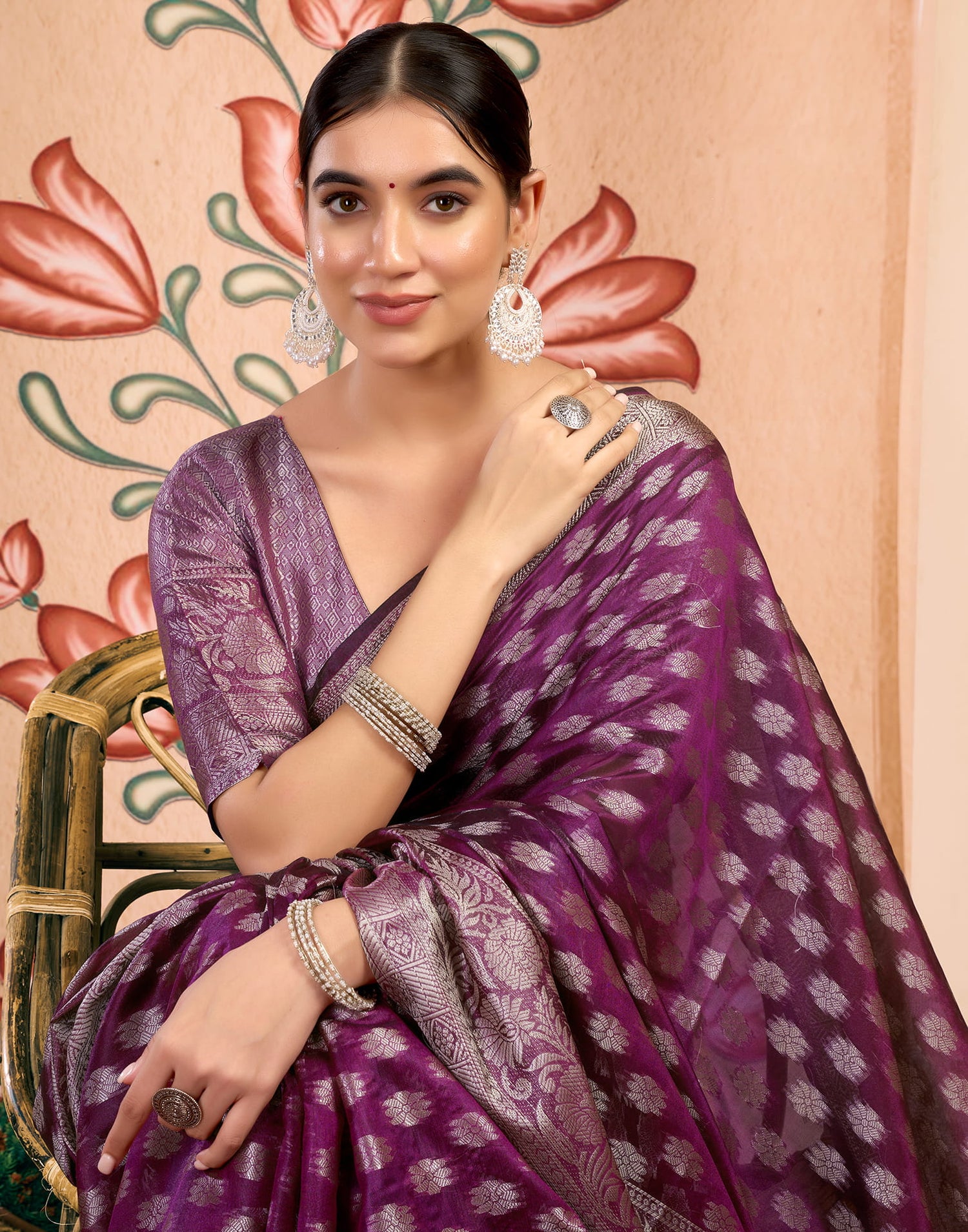 Purple Silk Blend Woven Banarasi Saree