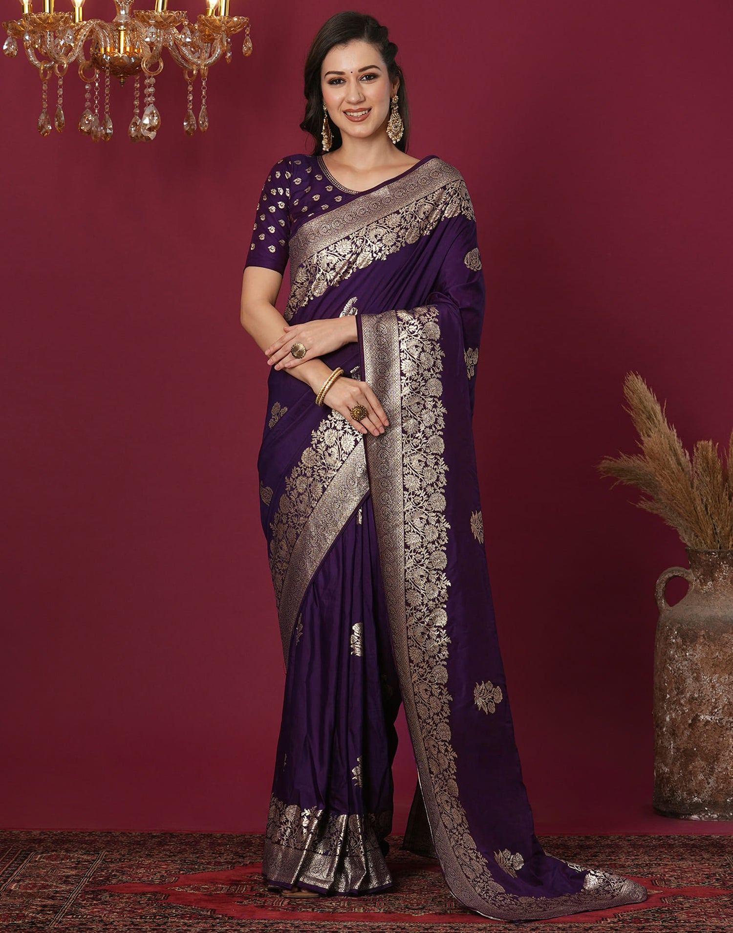 Wine Cotton Silk Woven Kanjivaram Saree