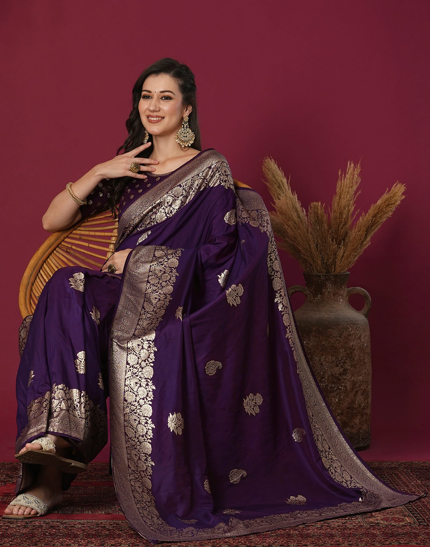 Dark Purple Cotton Weaving Banarasi Saree