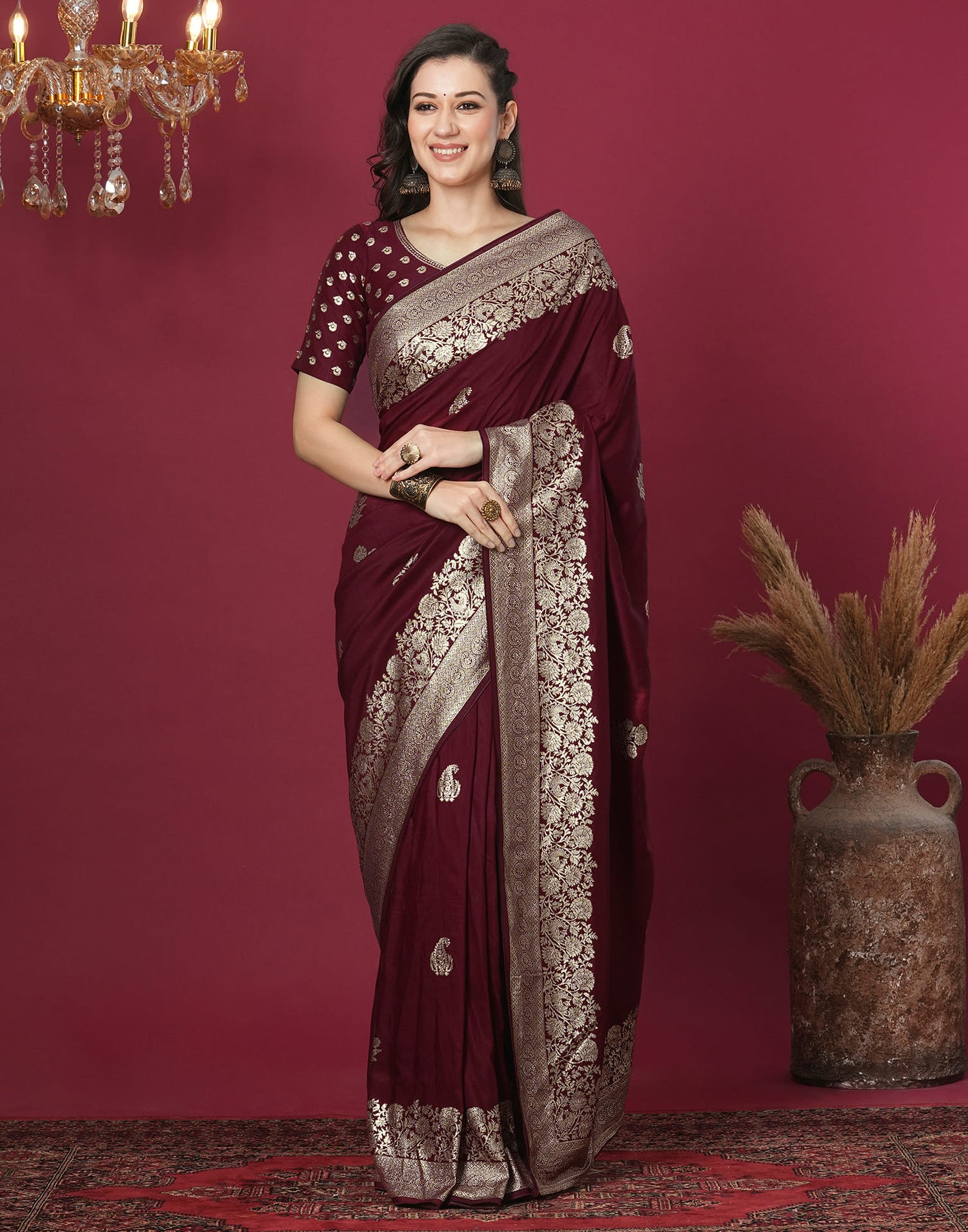 Maroon Cotton Weaving Banarasi Saree