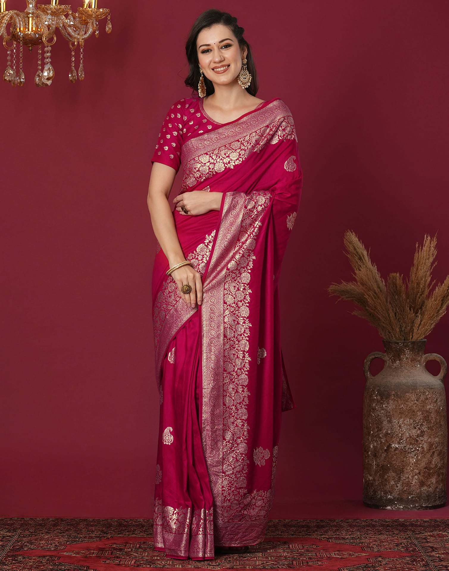 Rani Pink Cotton Weaving Banarasi Saree