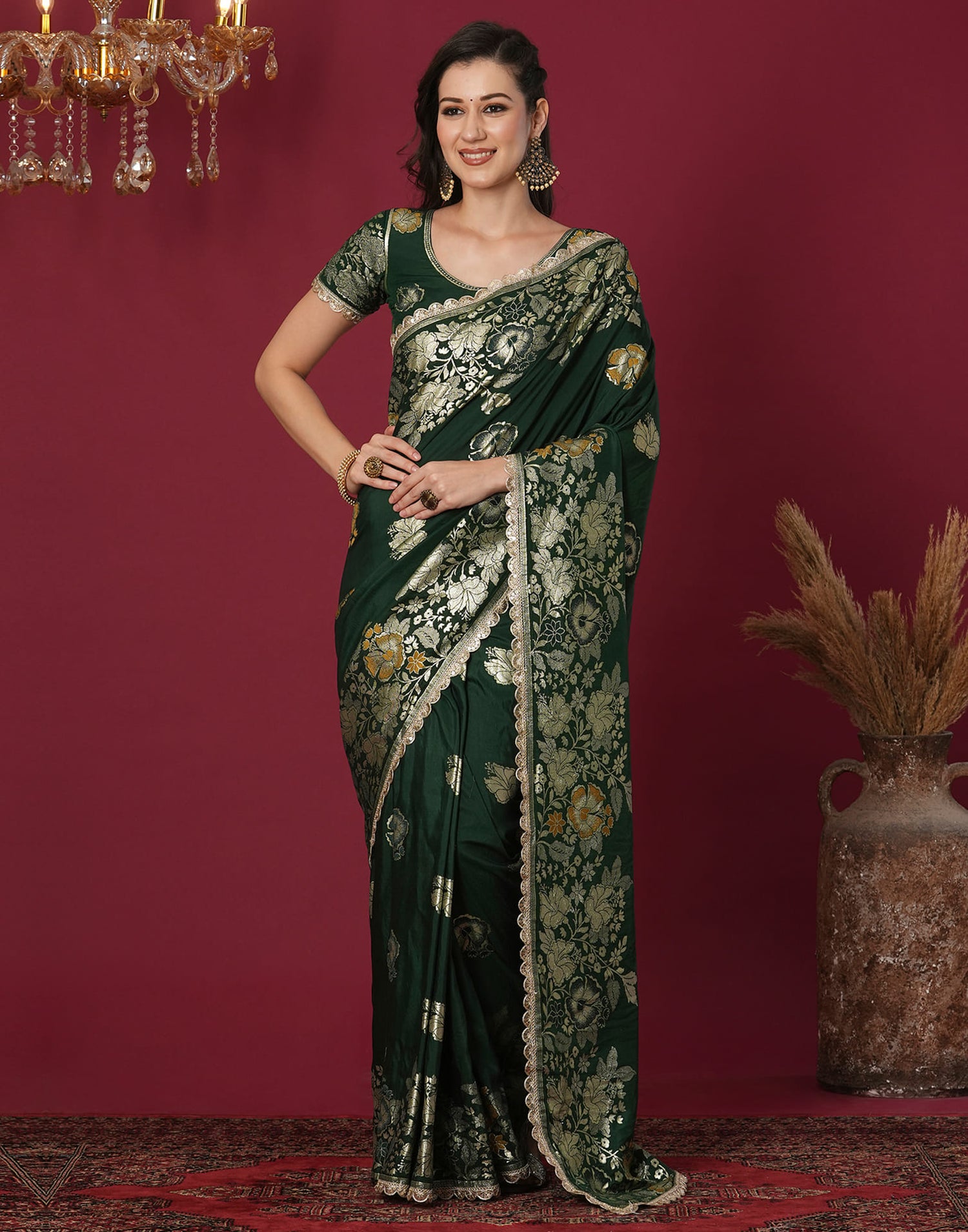 Dark Green Cotton Weaving Banarasi Saree