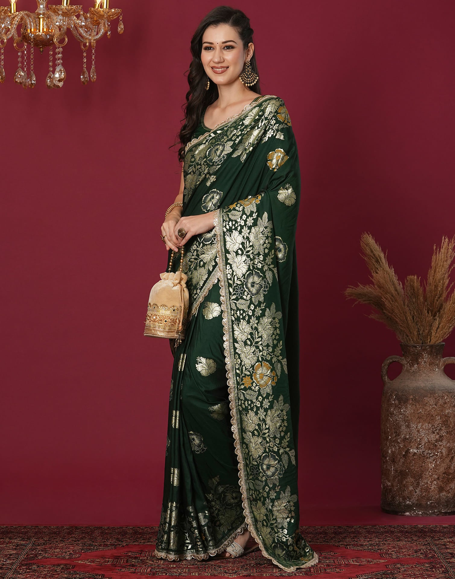 Dark Green Cotton Weaving Banarasi Saree