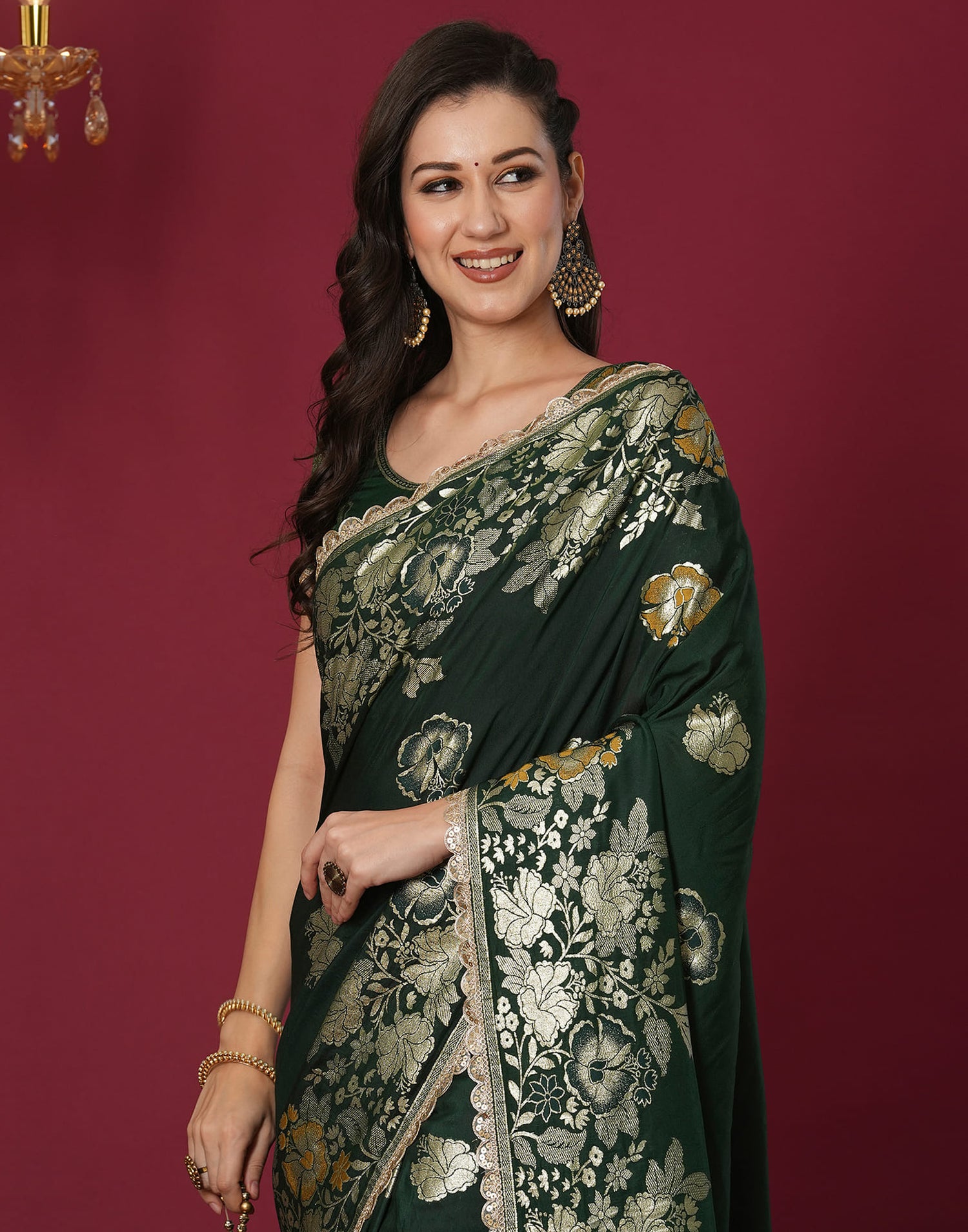 Dark Green Cotton Weaving Banarasi Saree