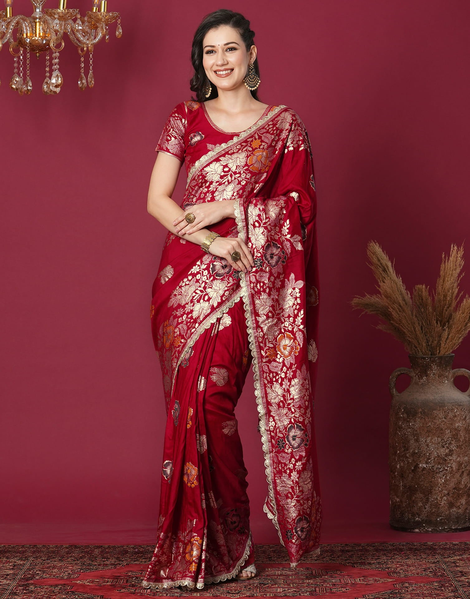 Red Cotton Weaving Banarasi Saree