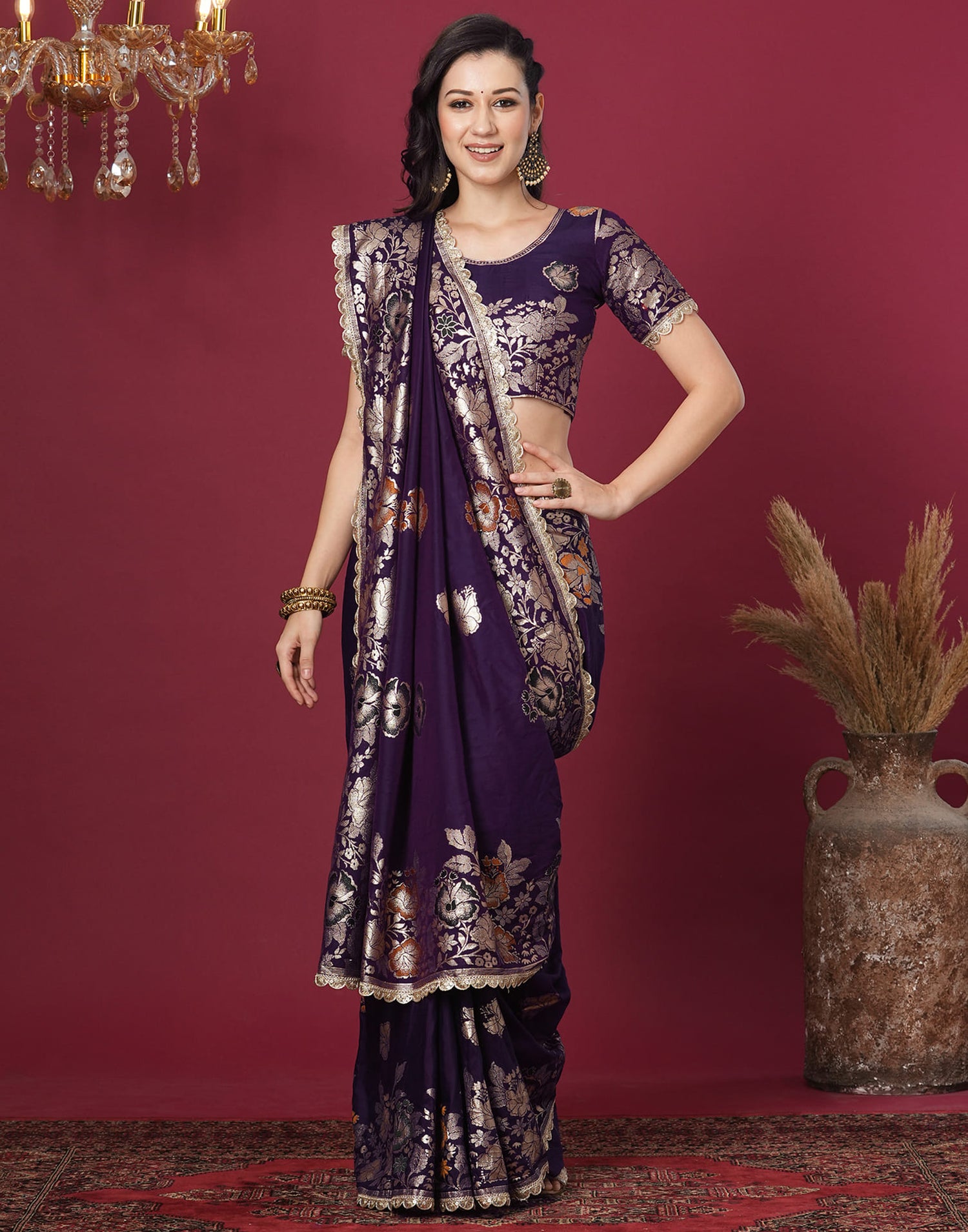 Dark Purple Cotton Weaving Banarasi Saree