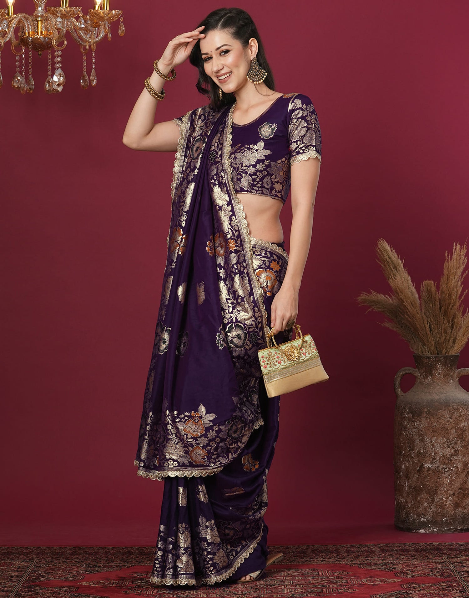 Dark Purple Cotton Weaving Banarasi Saree