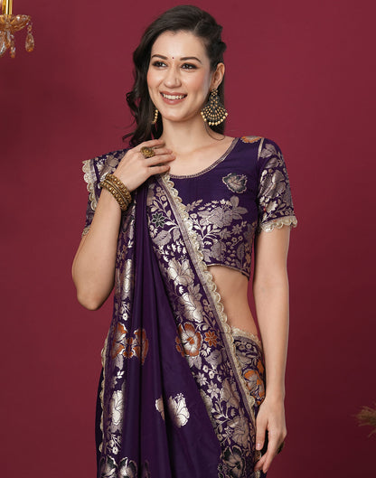 Dark Purple Cotton Weaving Banarasi Saree