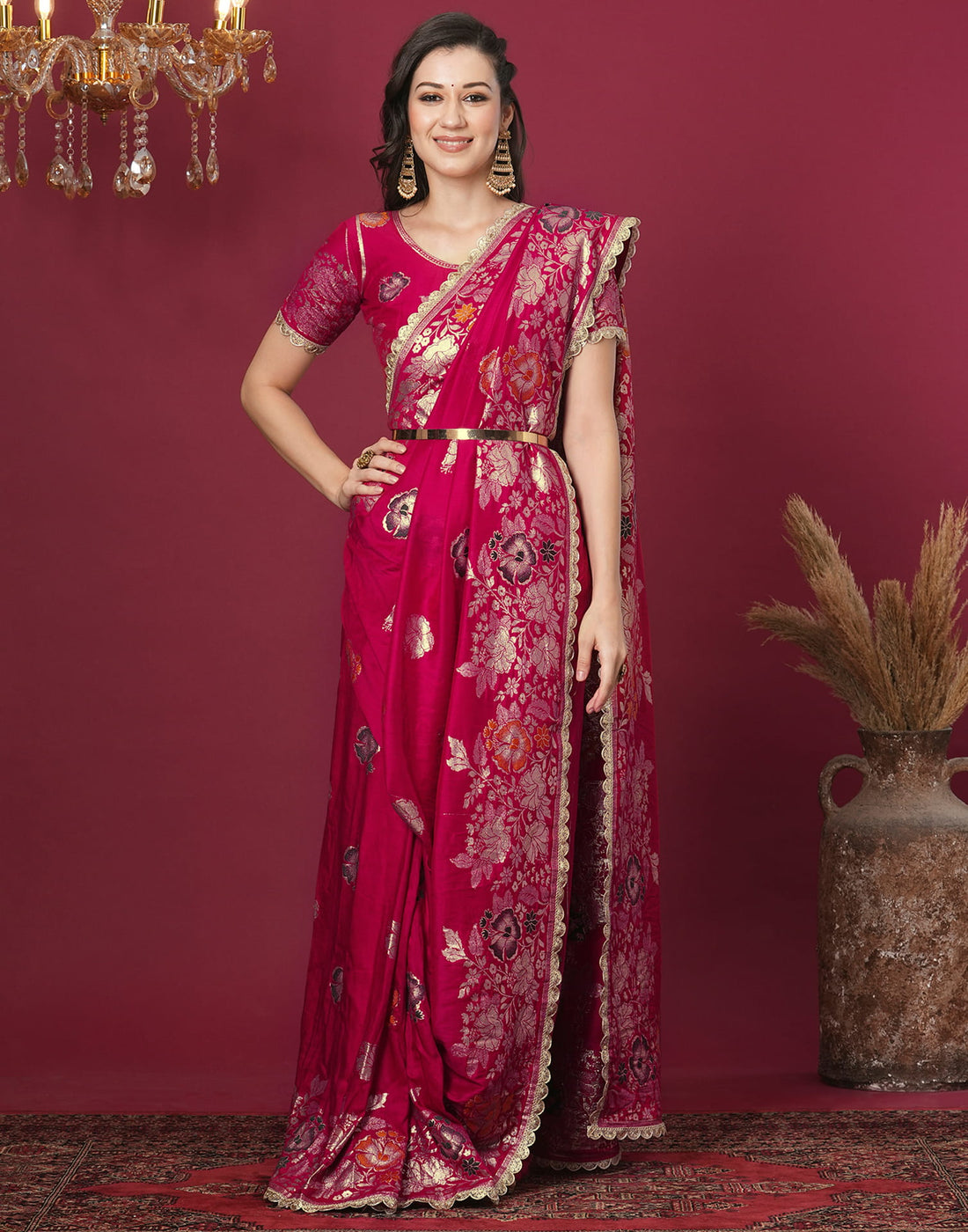 Rani Pink Cotton Weaving Banarasi Saree