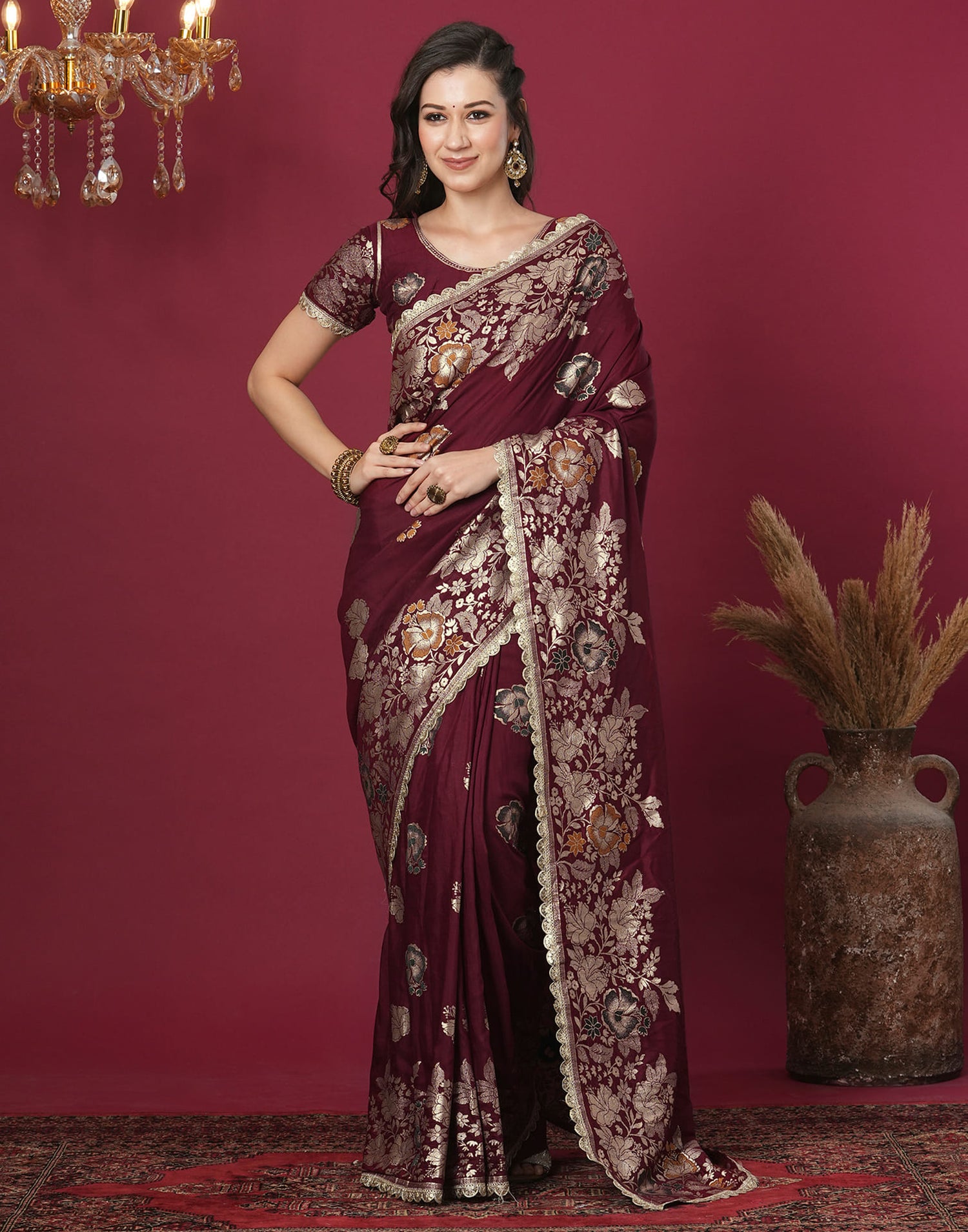 Maroon Cotton Silk Woven Banarasi Saree