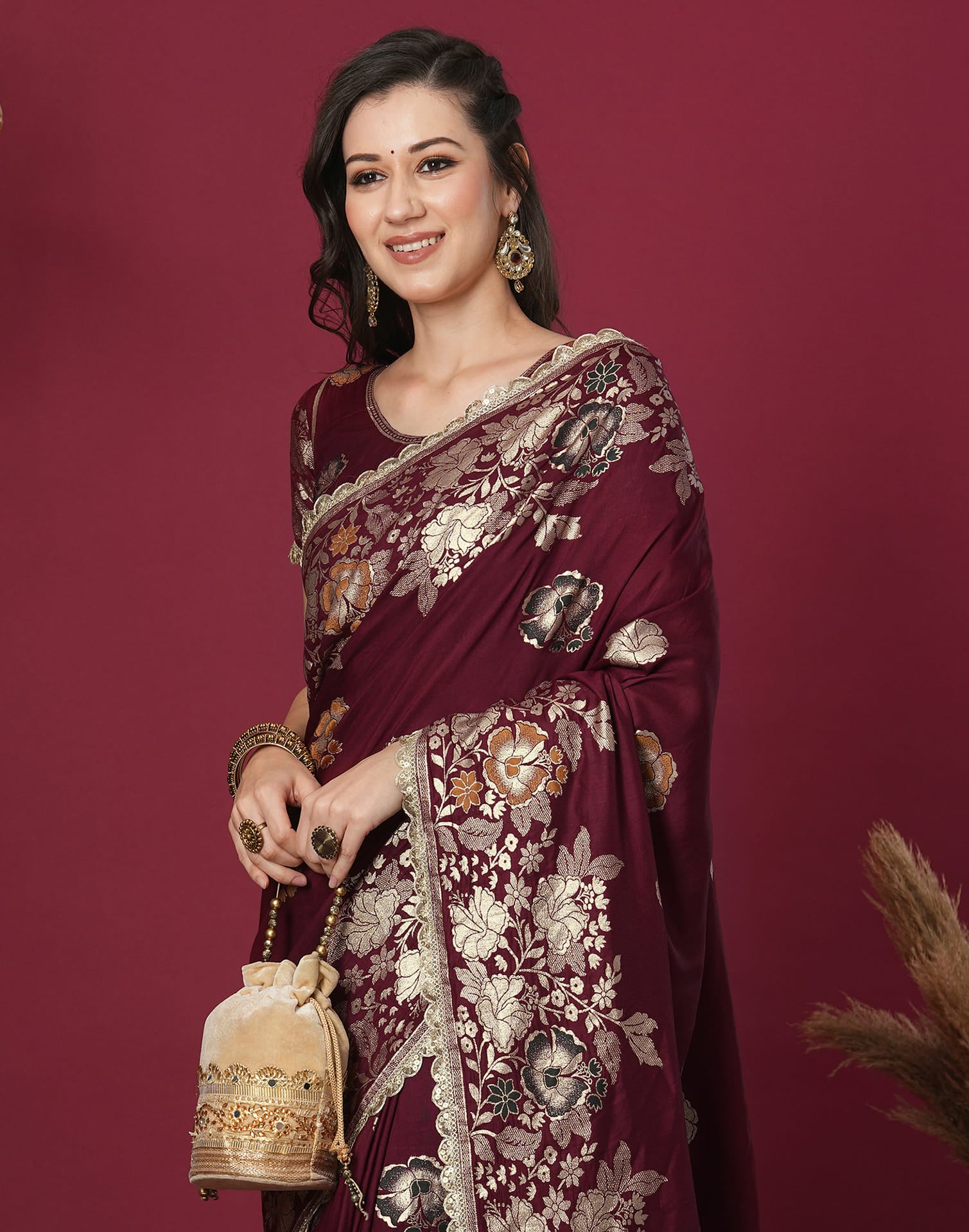 Maroon Cotton Silk Woven Banarasi Saree