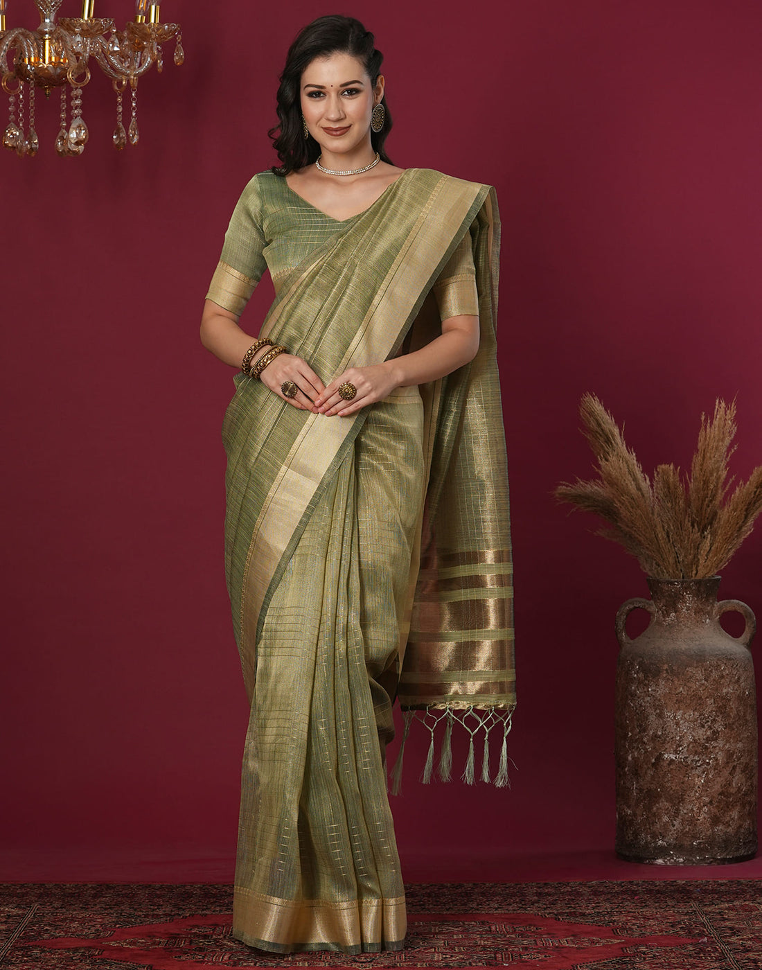 Olive Green Organza Weaving Mangalagiri Saree