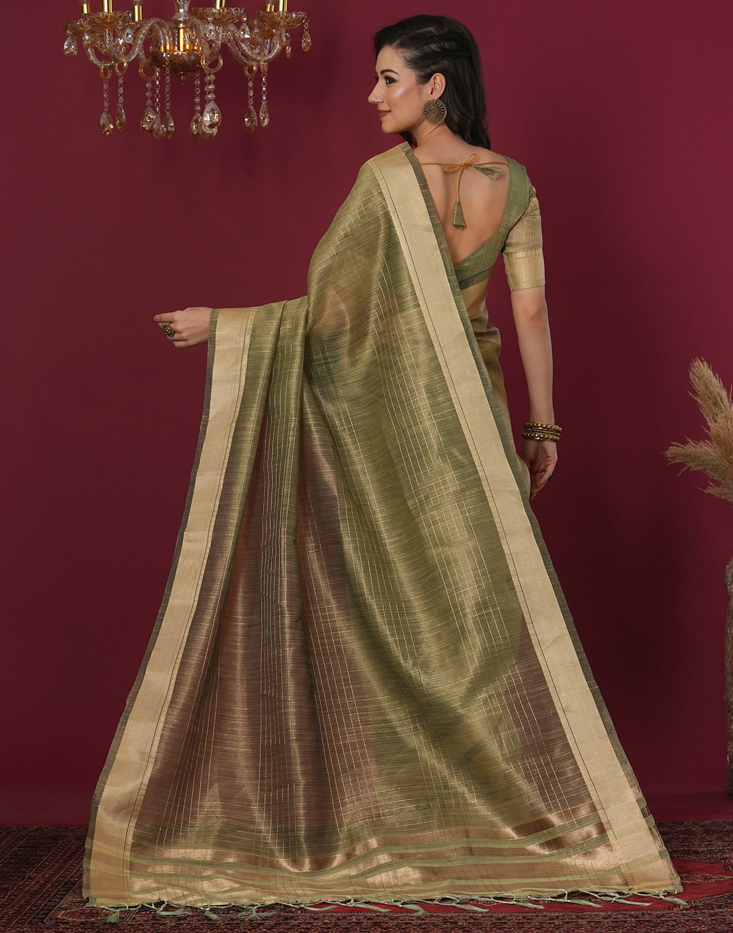 Olive Green Organza Weaving Mangalagiri Saree