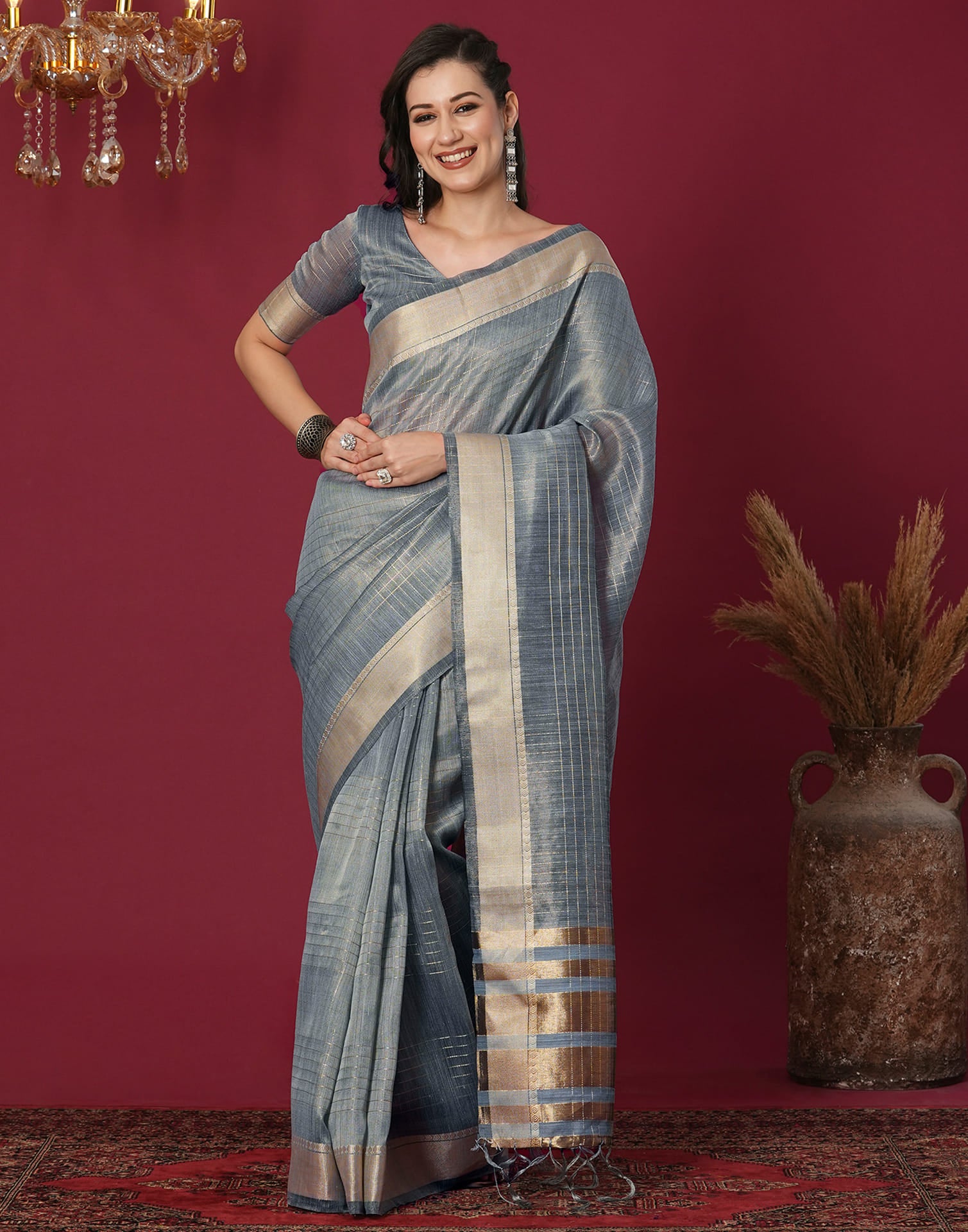 Grey Organza Weaving Mangalagiri Saree