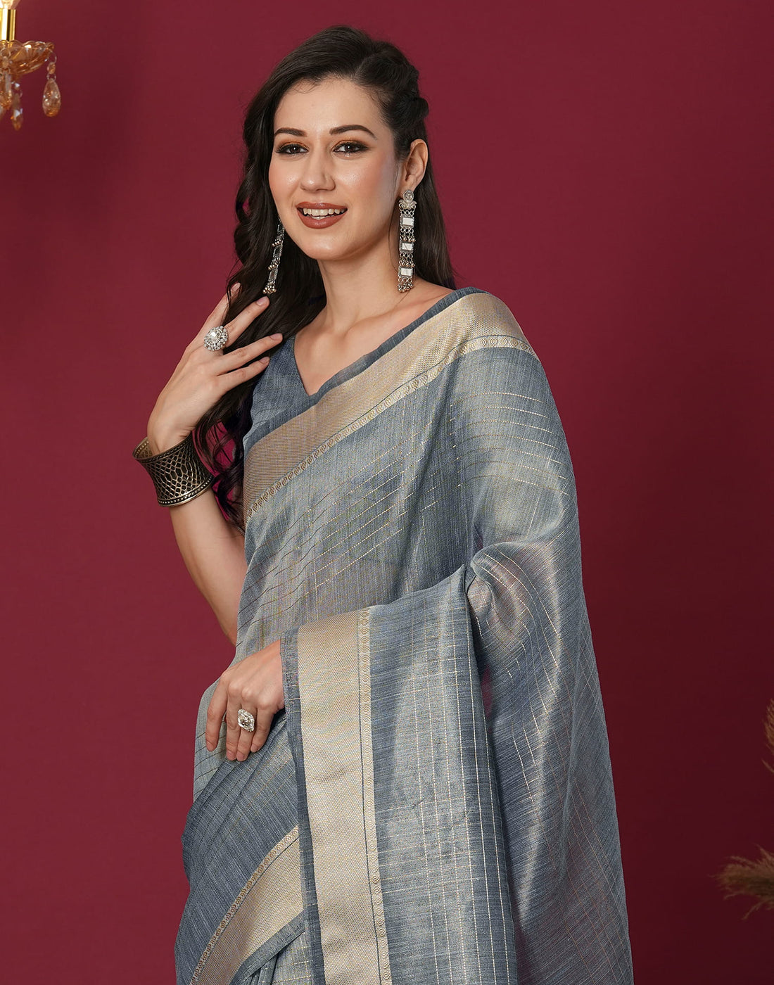 Grey Organza Woven Saree