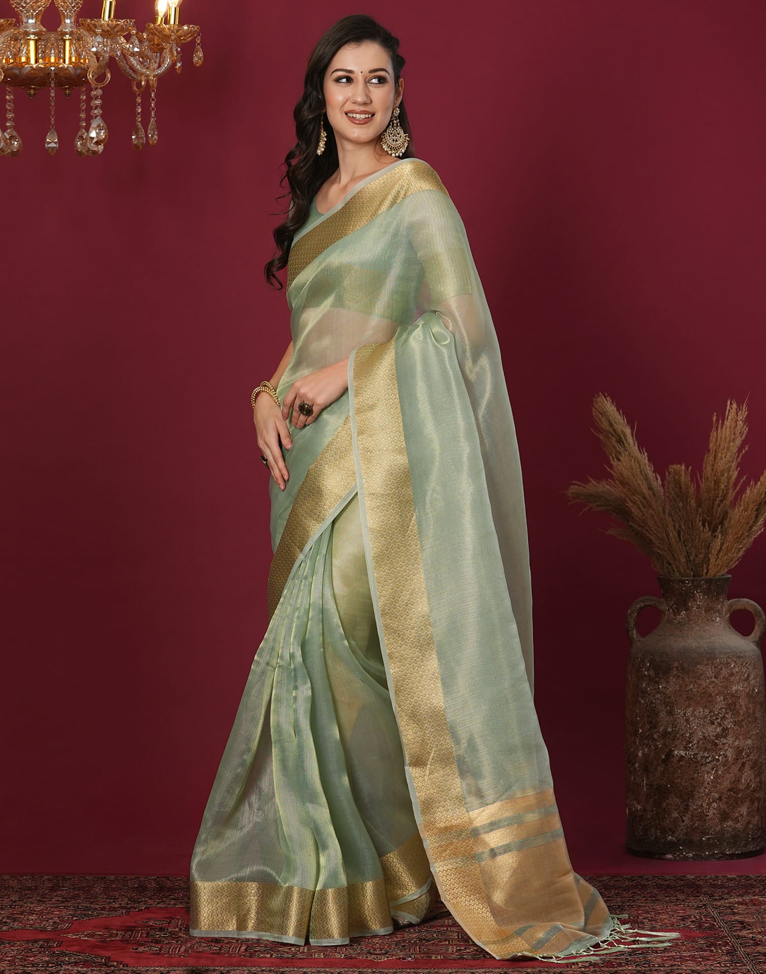 Pista Green Organza Weaving Mangalagiri Saree