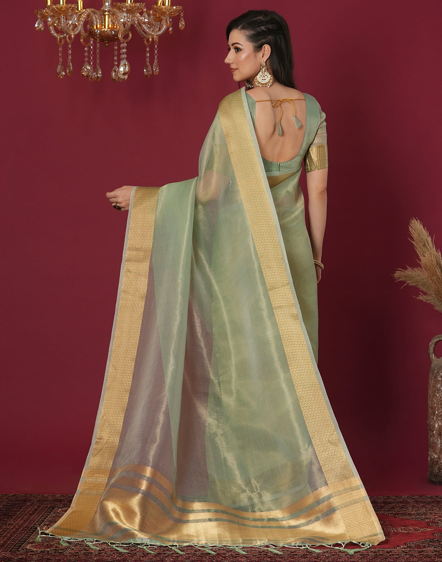 Pista Green Organza Weaving Mangalagiri Saree