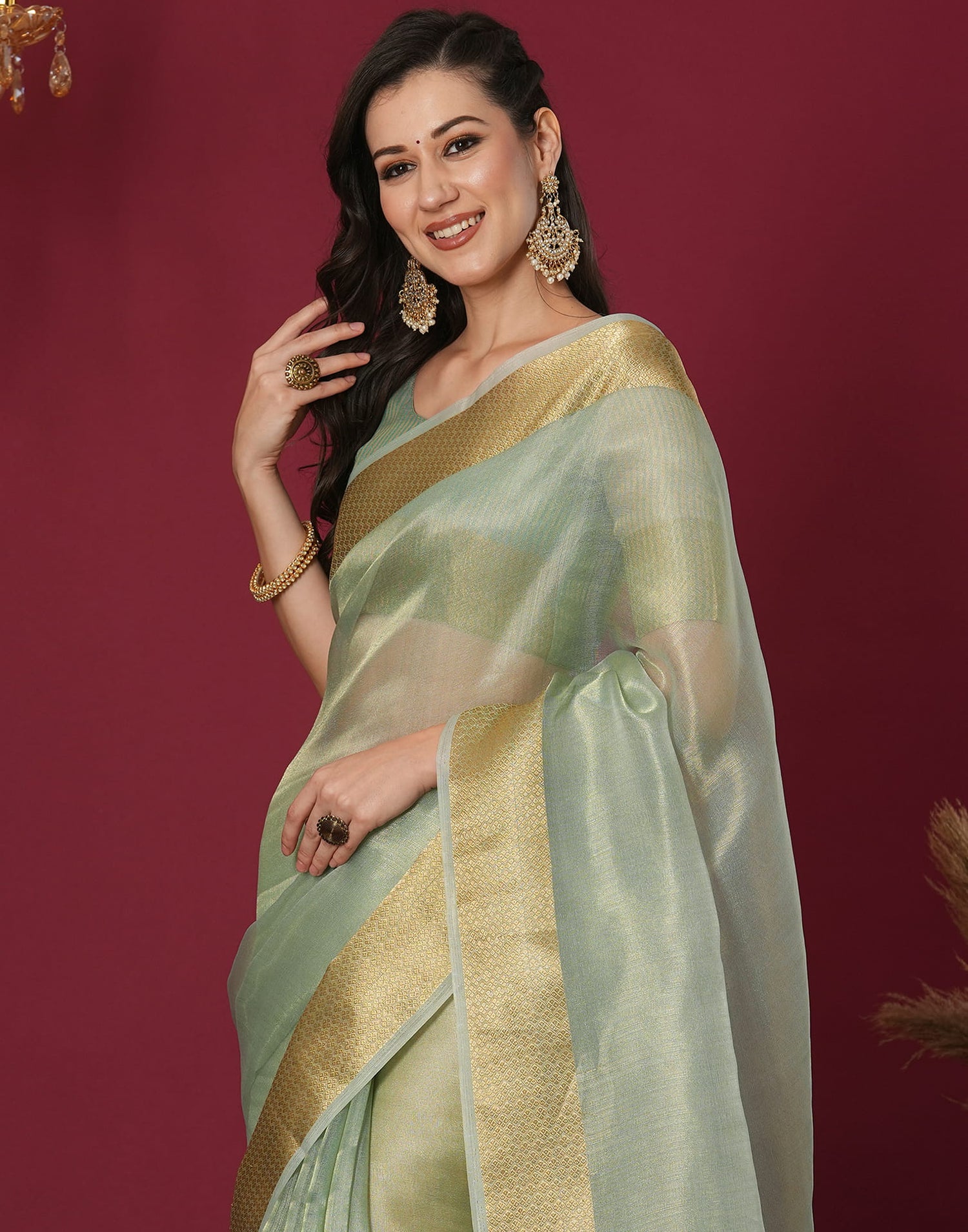 Pista Green Organza Weaving Mangalagiri Saree