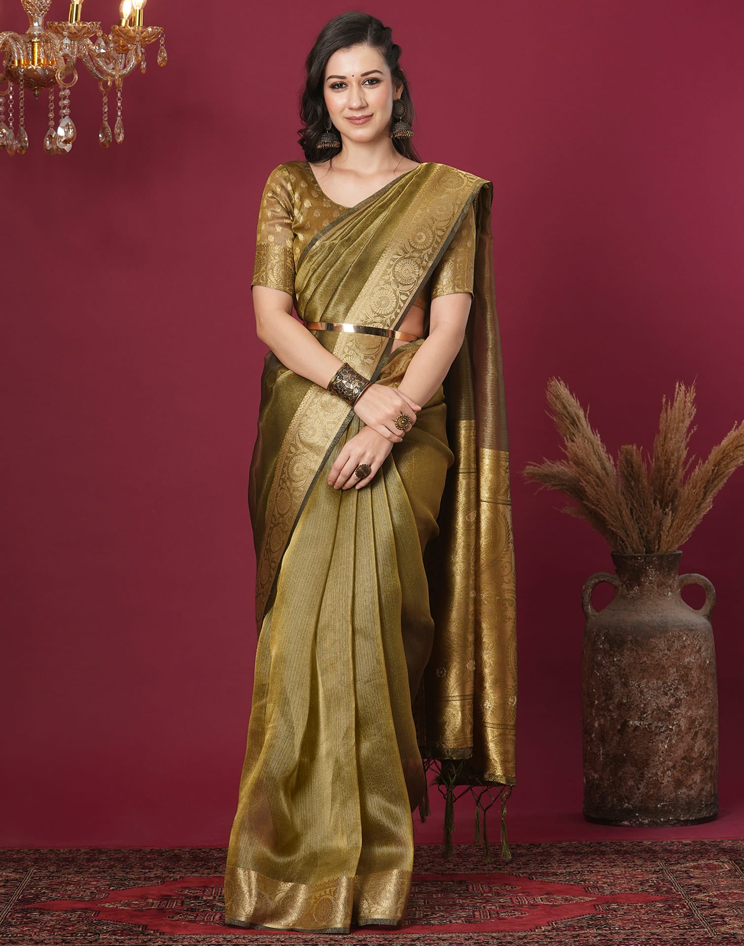 Olive Green Organza Weaving Mangalagiri Saree