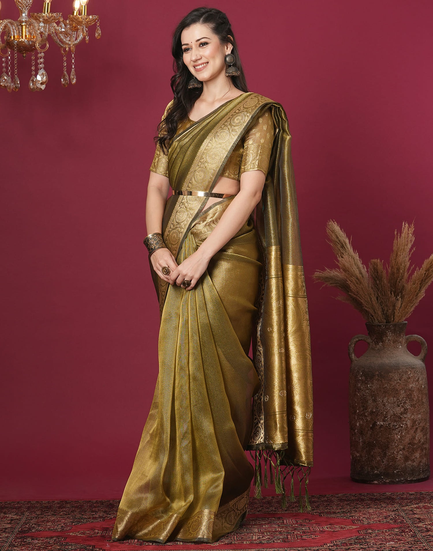 Olive Green Organza Weaving Mangalagiri Saree