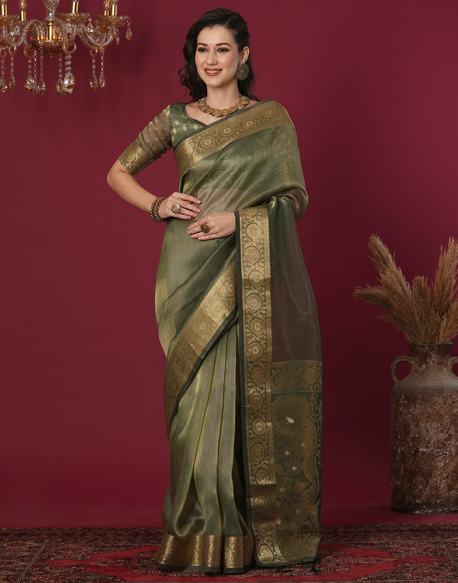 Dark Green Organza Weaving Mangalagiri Saree