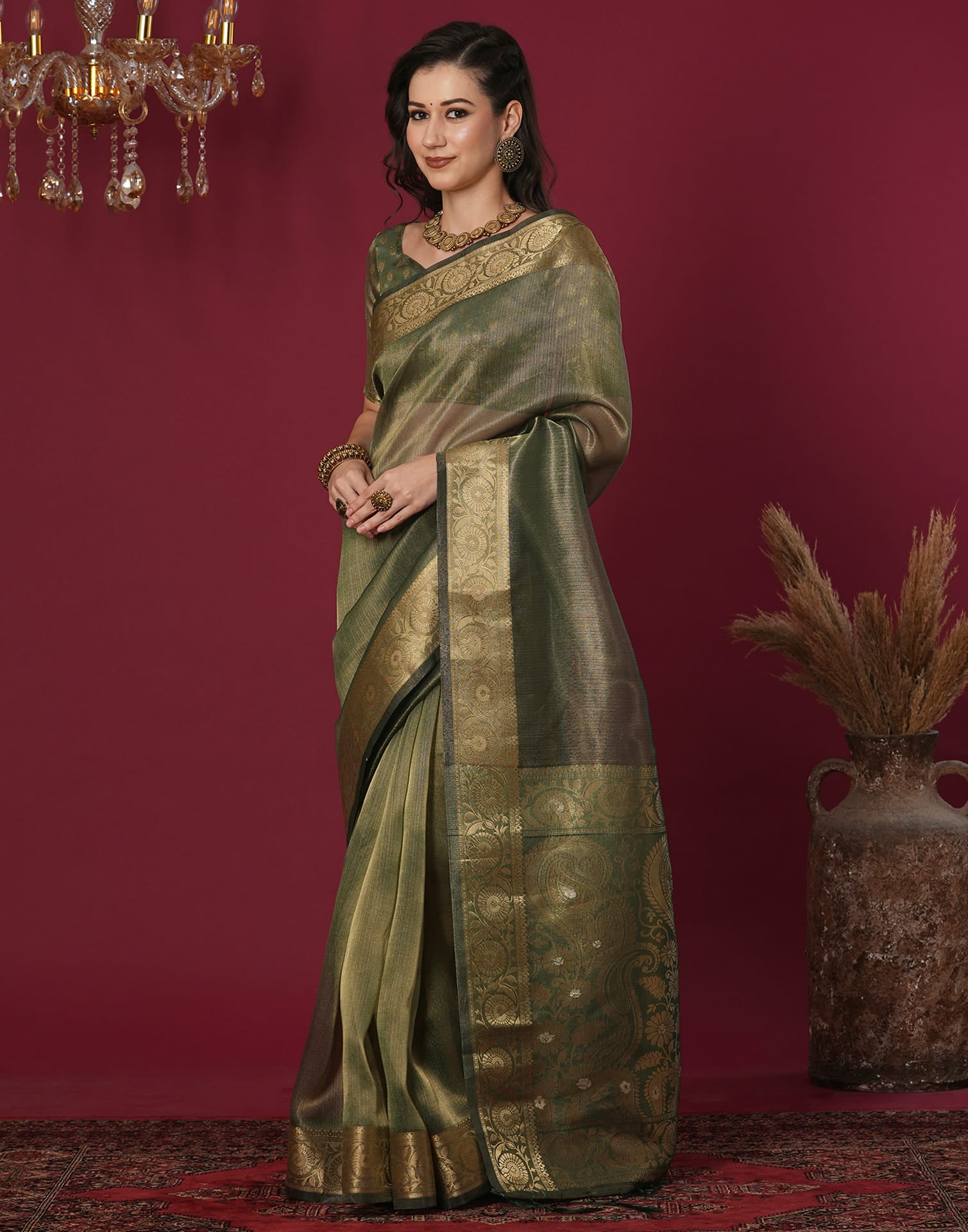 Dark Green Organza Weaving Mangalagiri Saree