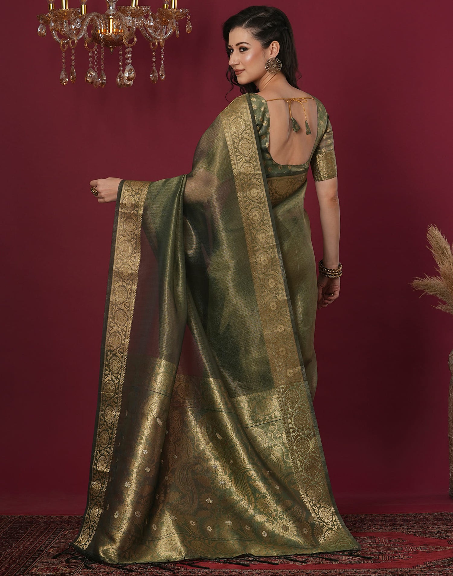 Dark Green Organza Weaving Mangalagiri Saree