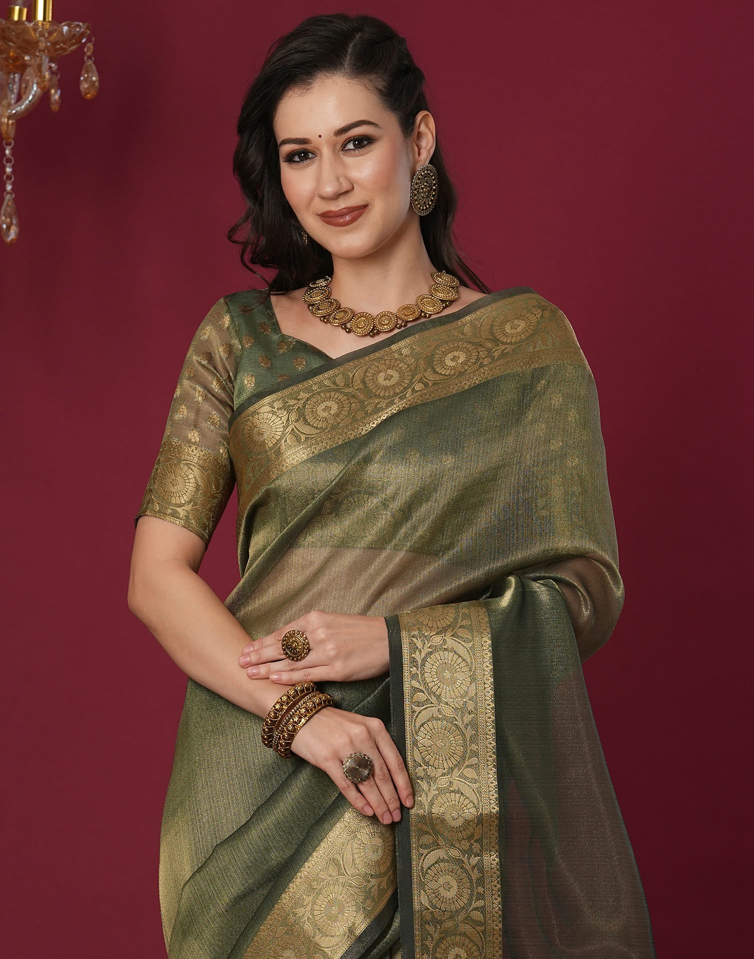 Dark Green Organza Weaving Mangalagiri Saree