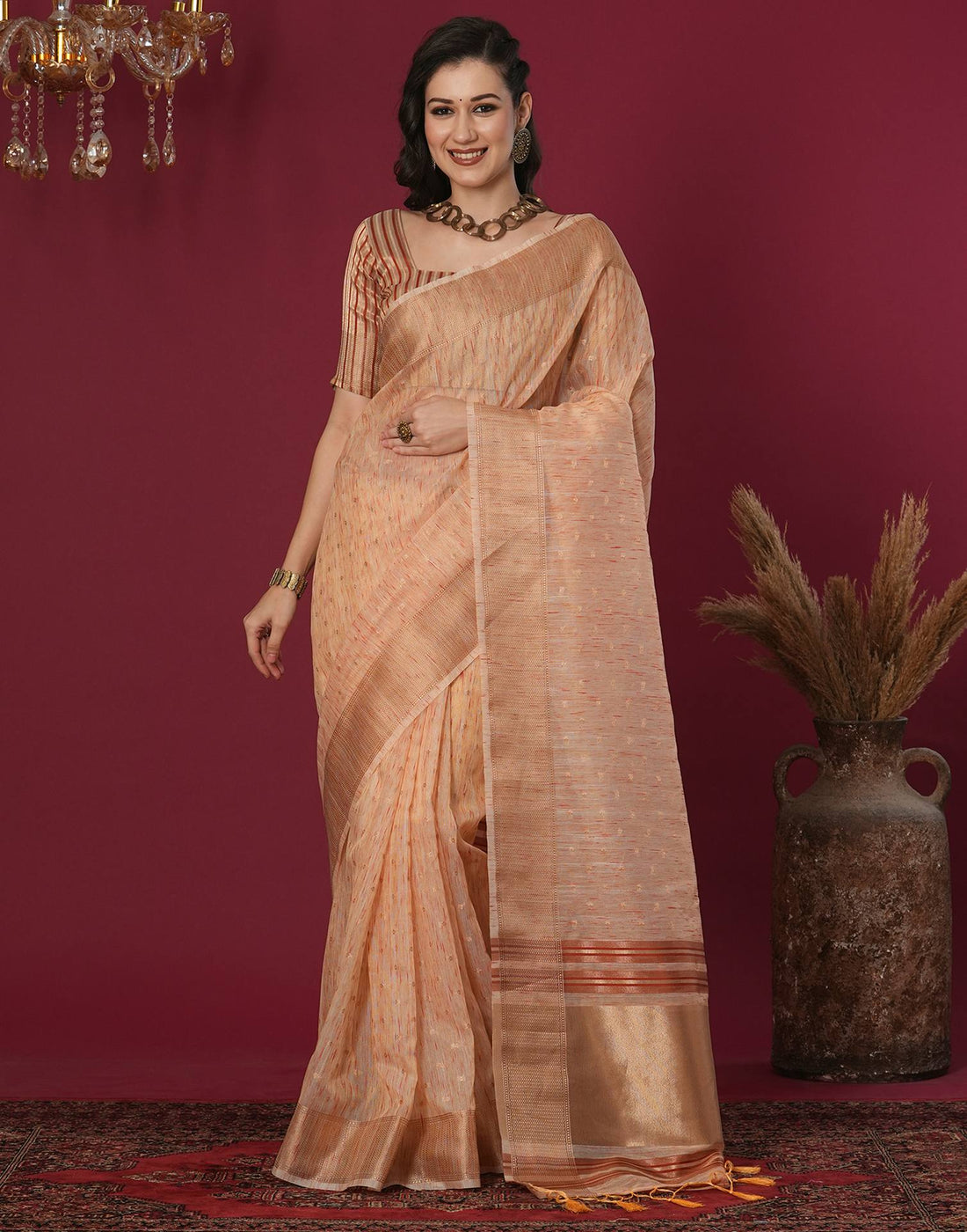 Peach Cotton Weaving Mangalagiri Saree