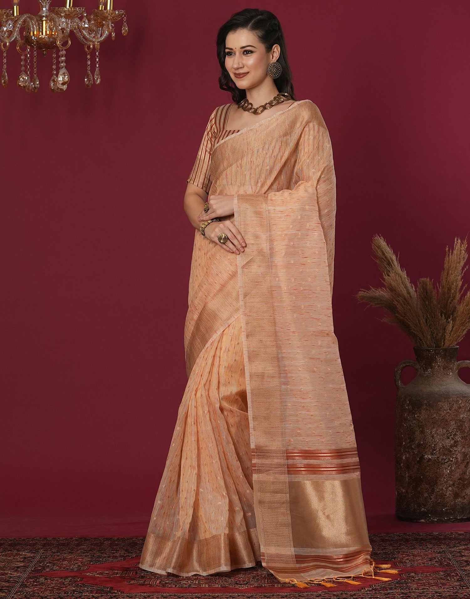 Peach Cotton Weaving Mangalagiri Saree