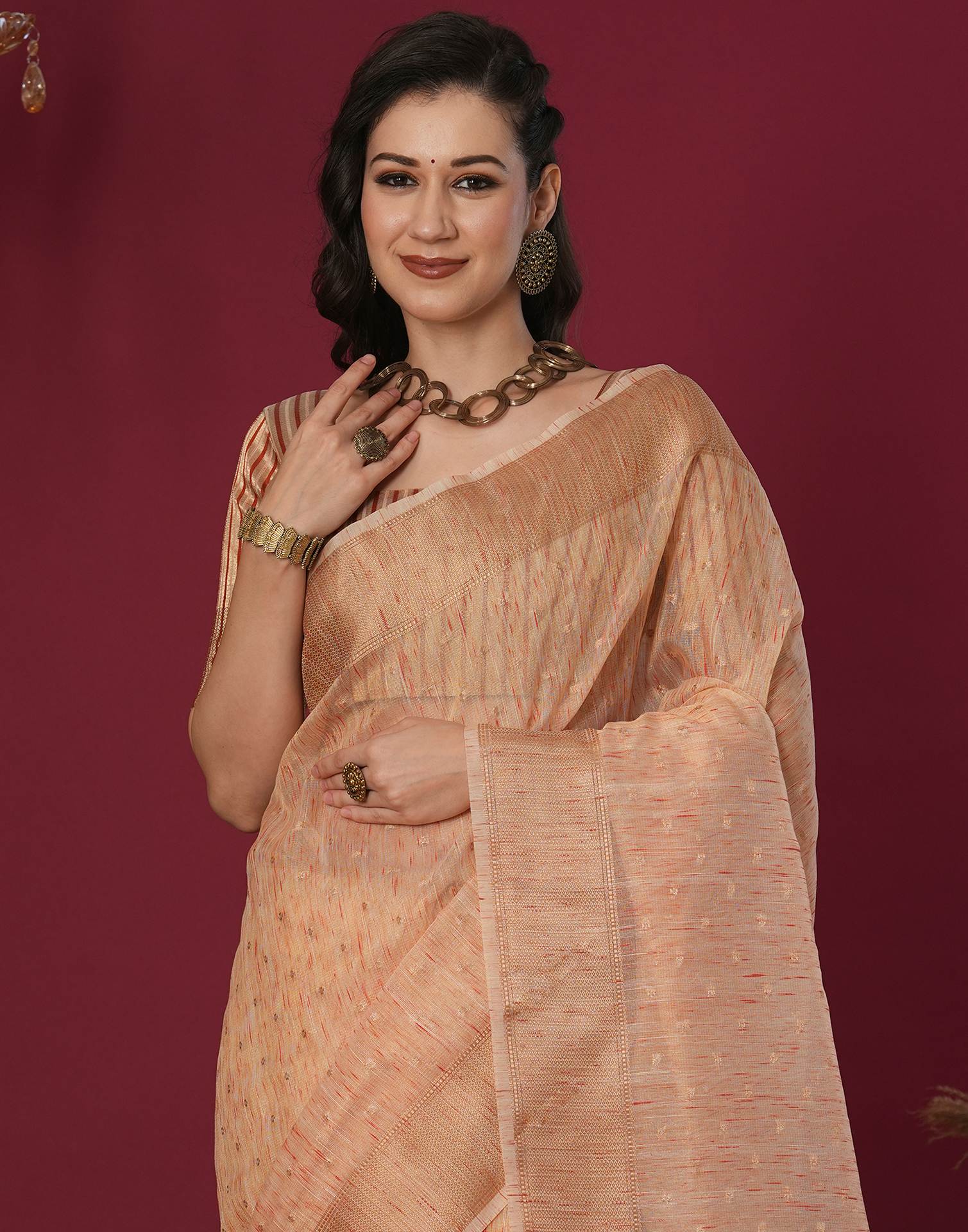 Peach Cotton Weaving Mangalagiri Saree