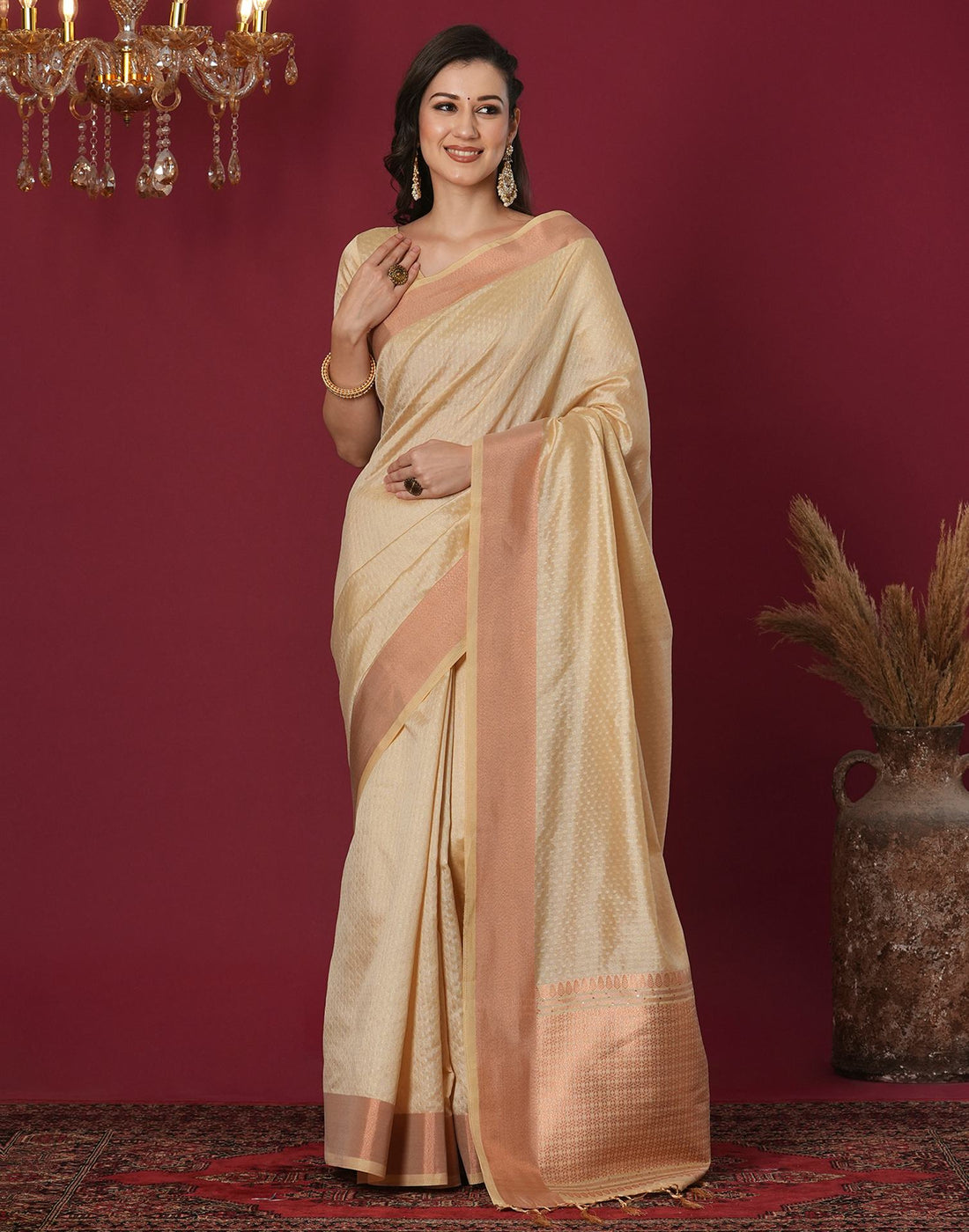 Beige Cotton Weaving Mangalagiri Saree