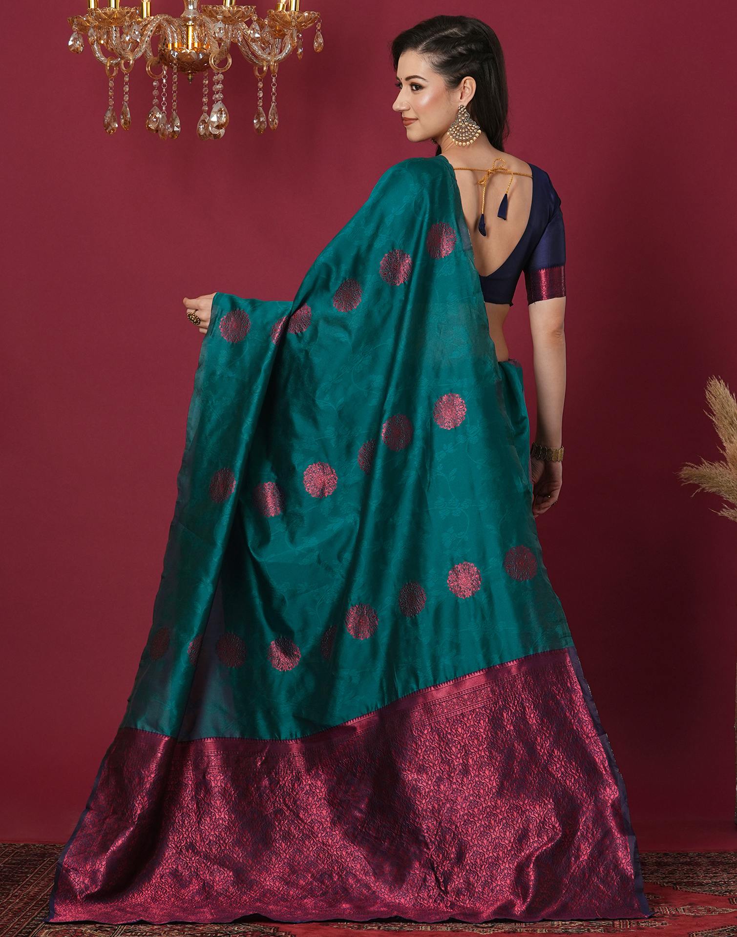 Teal Green Silk Blend Woven Saree