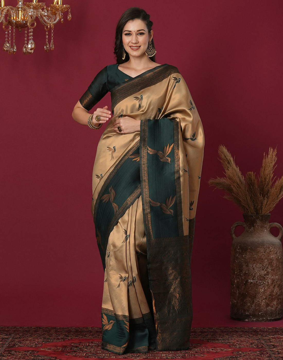 Beige Silk Blend Woven Saree