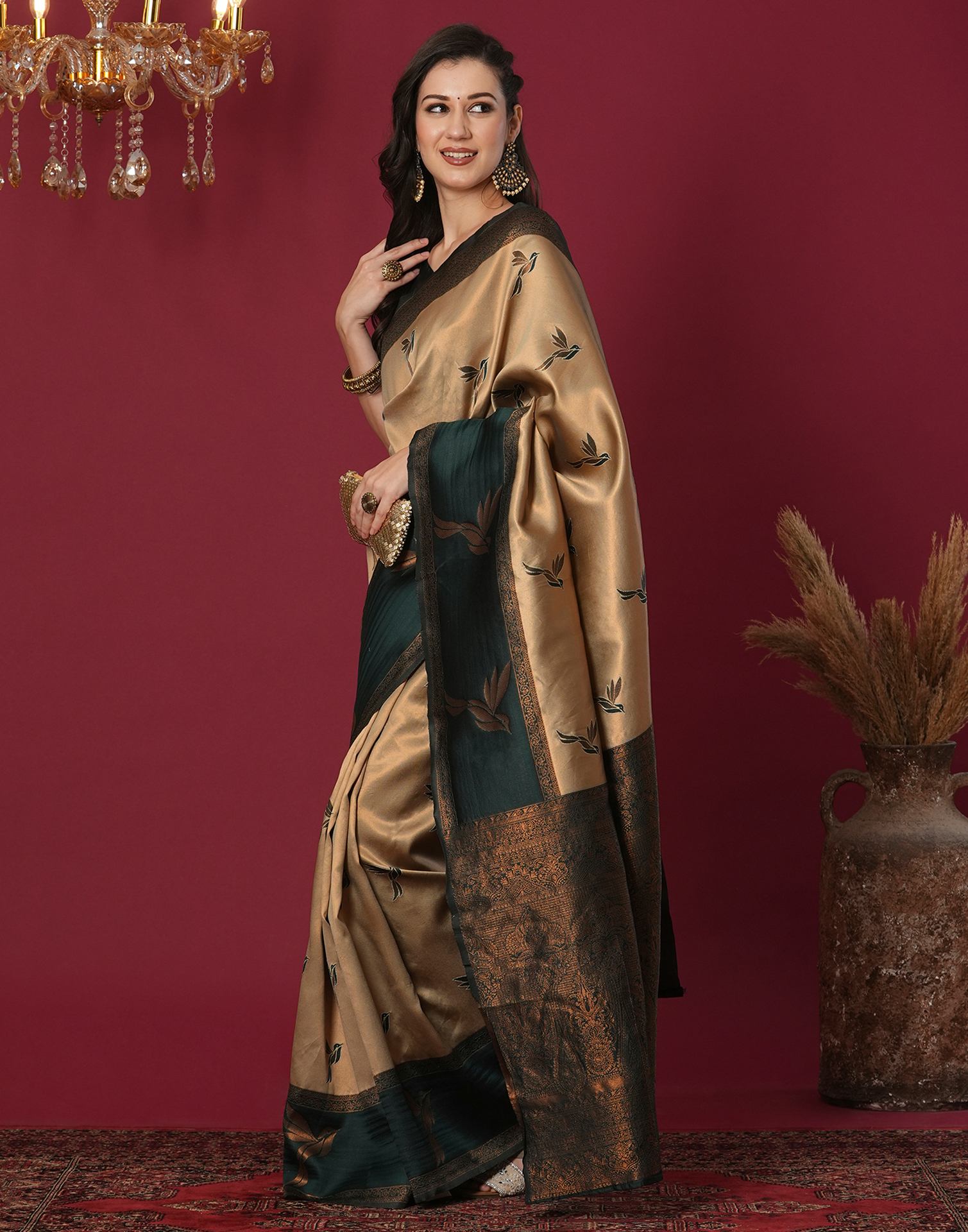 Beige Silk Blend Woven Woven Saree