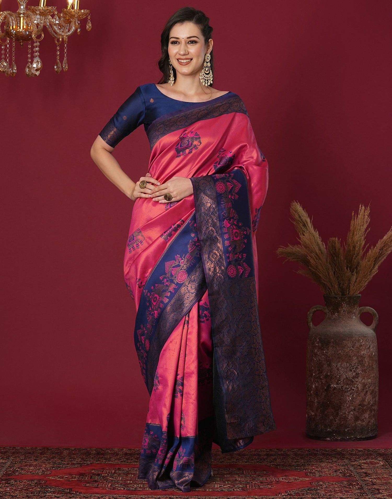 Pink Silk Blend Woven Woven Saree