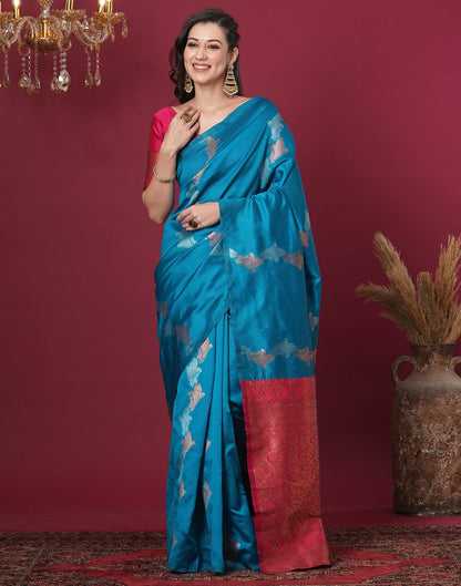 Turquoise Silk Blend Woven Woven Saree