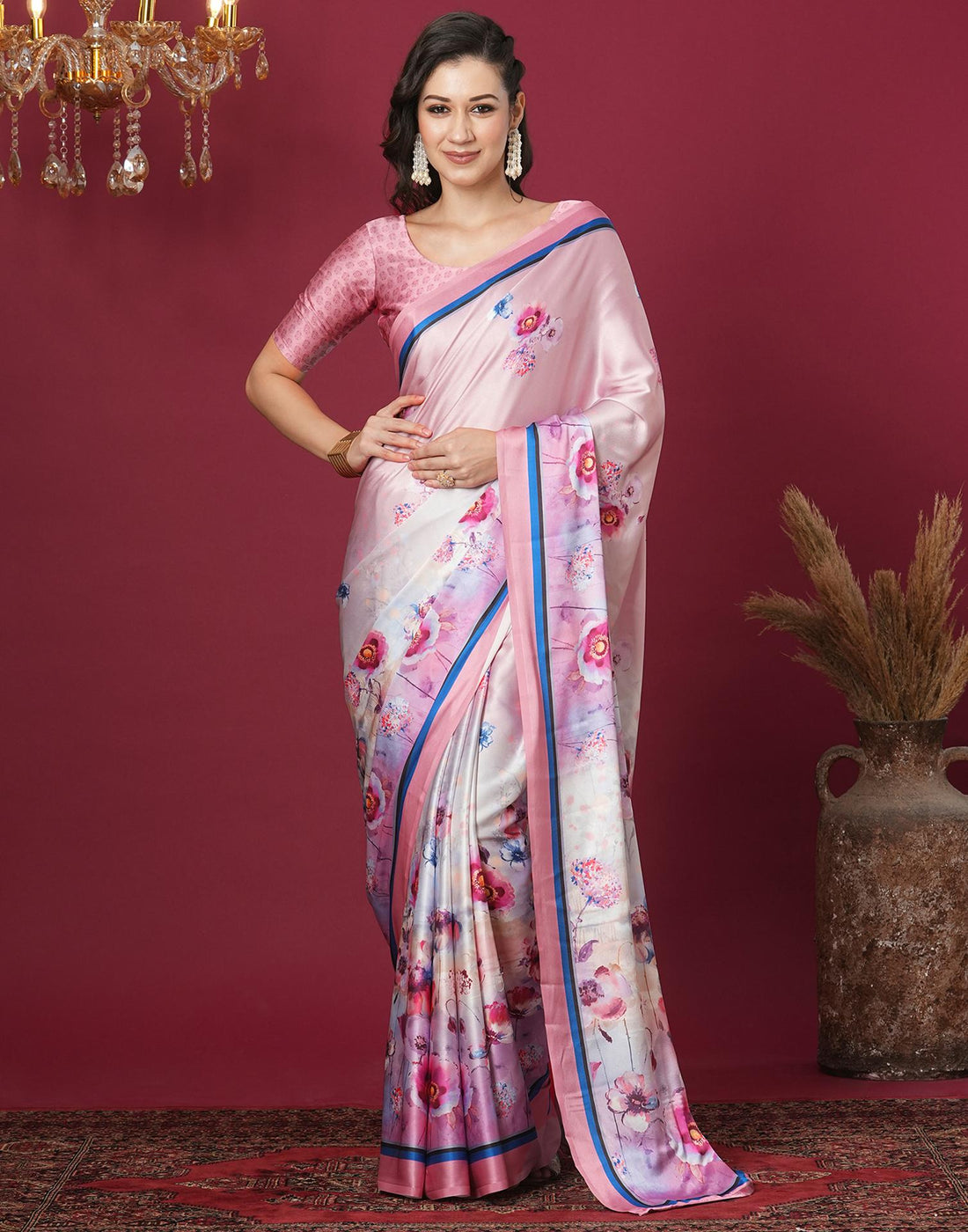 Pink Satin Printed Saree