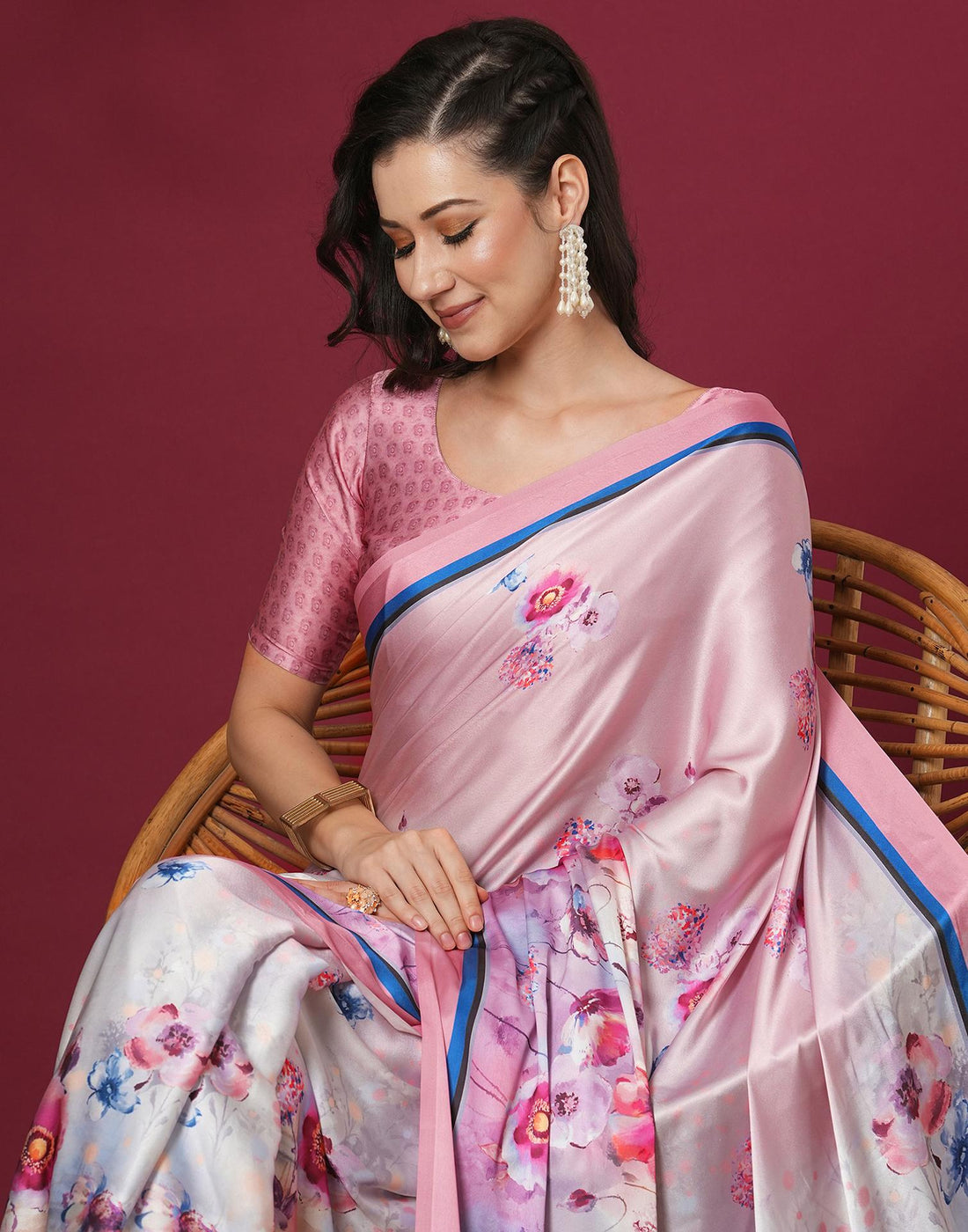 Pink Satin Printed Saree