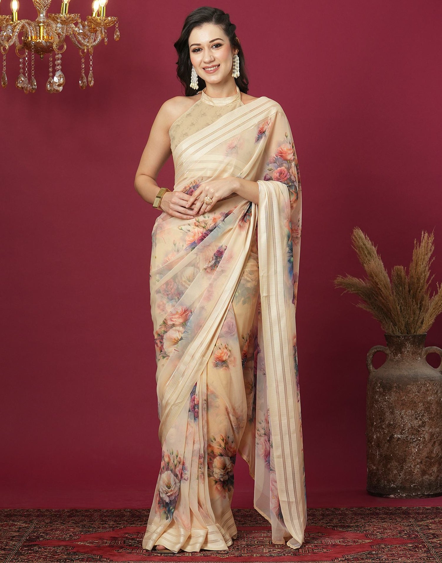 Cream Georgette Printed Printed Saree