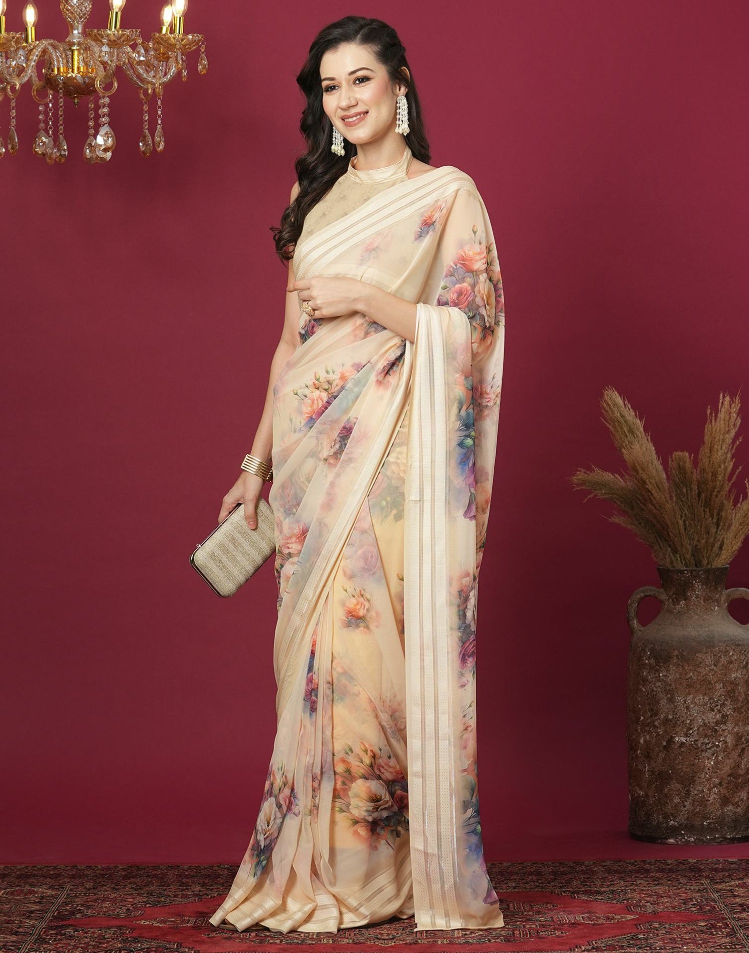 Cream Georgette Printed Printed Saree