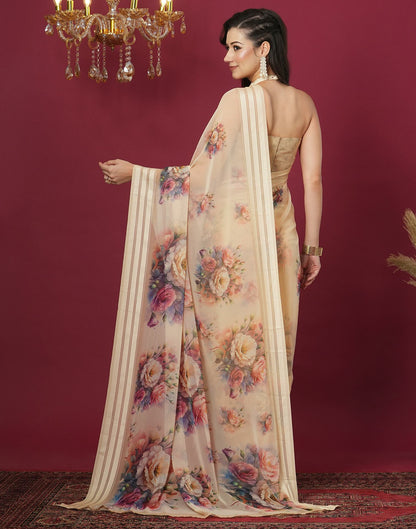 Cream Georgette Printed Printed Saree