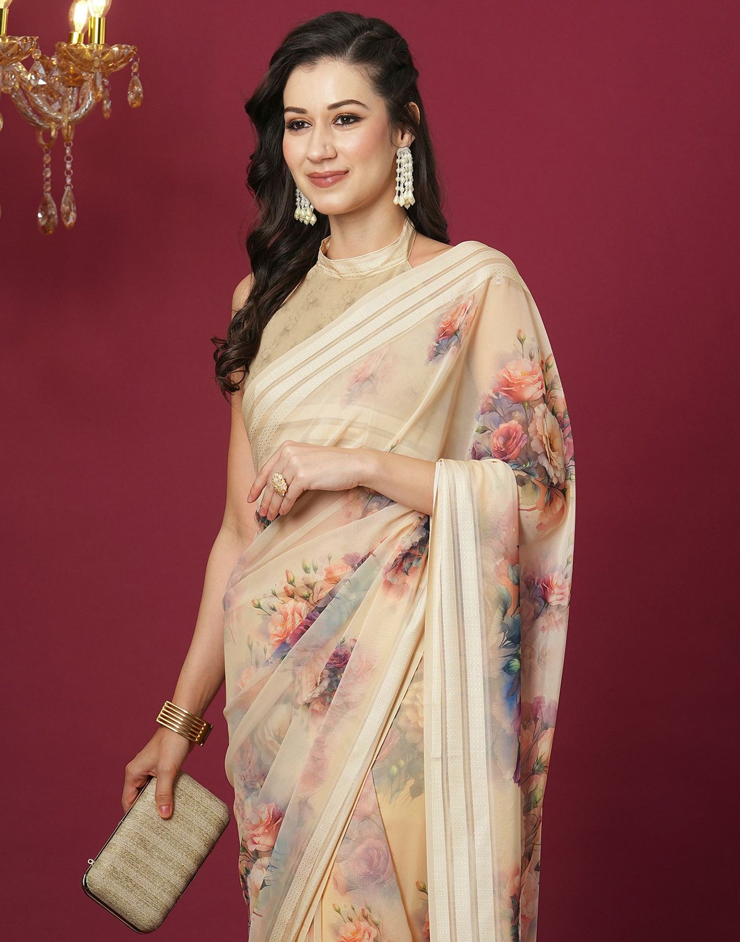 Cream Georgette Printed Printed Saree